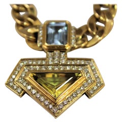 3 Ct. Topaz 4.5 Ct Quartz 2 Ct Diamonds G/H VS 18K Gold Pendant Necklace, 1980s