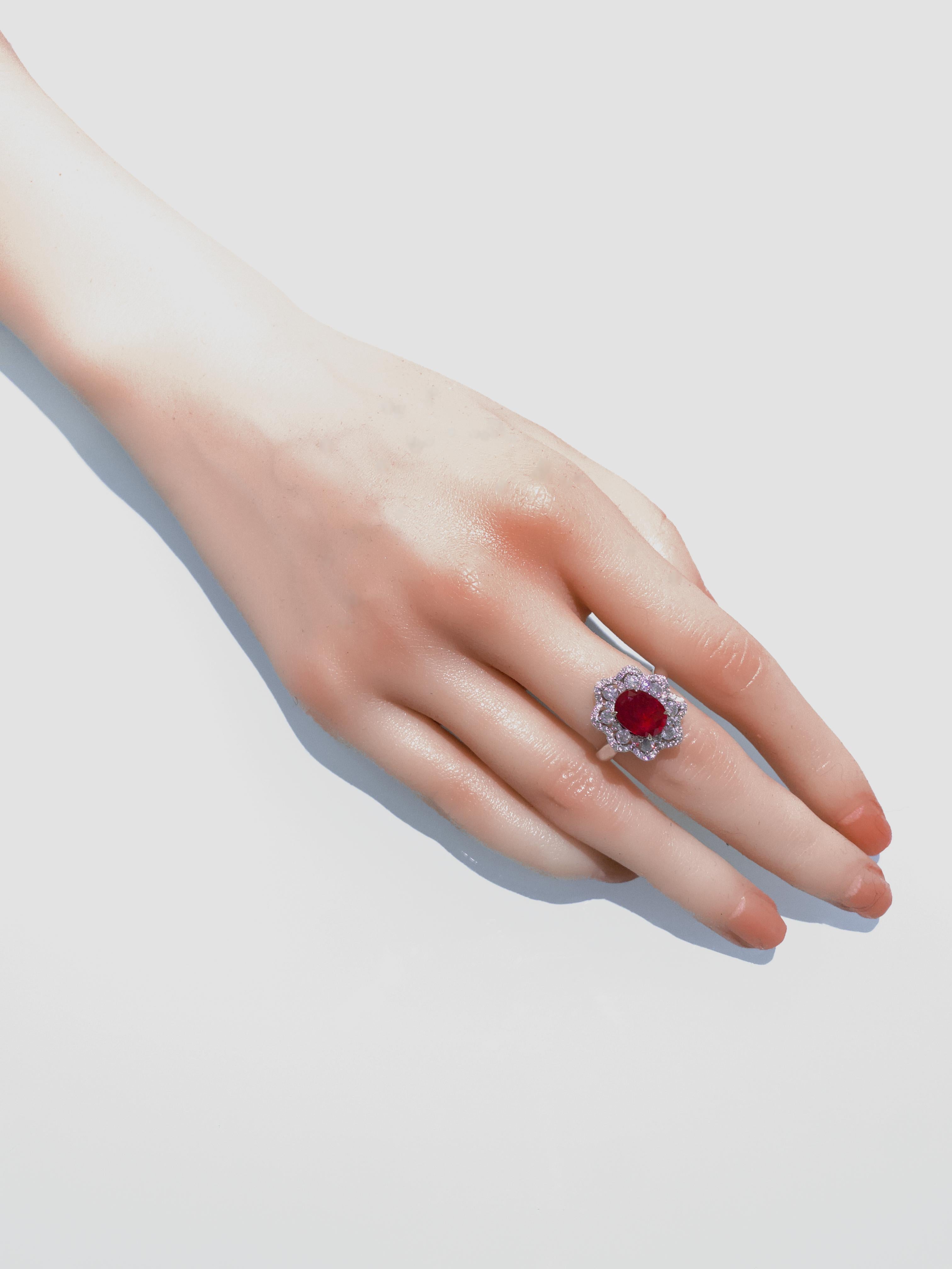 Contemporary Eostre Unheated Ruby and Diamond Ring in 18K White Gold For Sale