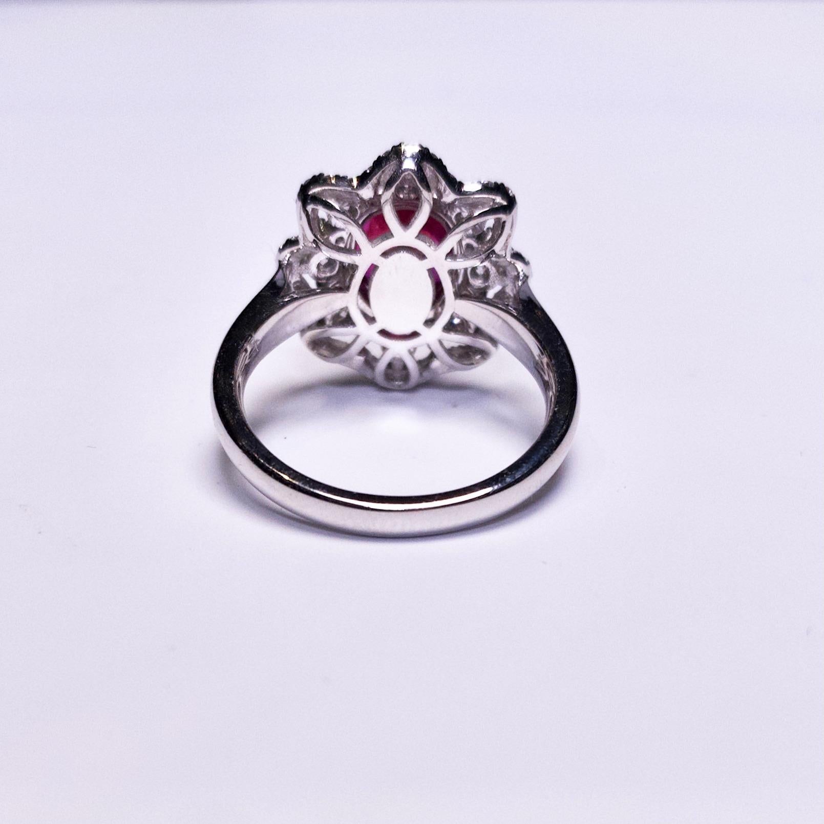 Brilliant Cut Eostre Unheated Ruby and Diamond Ring in 18K White Gold For Sale