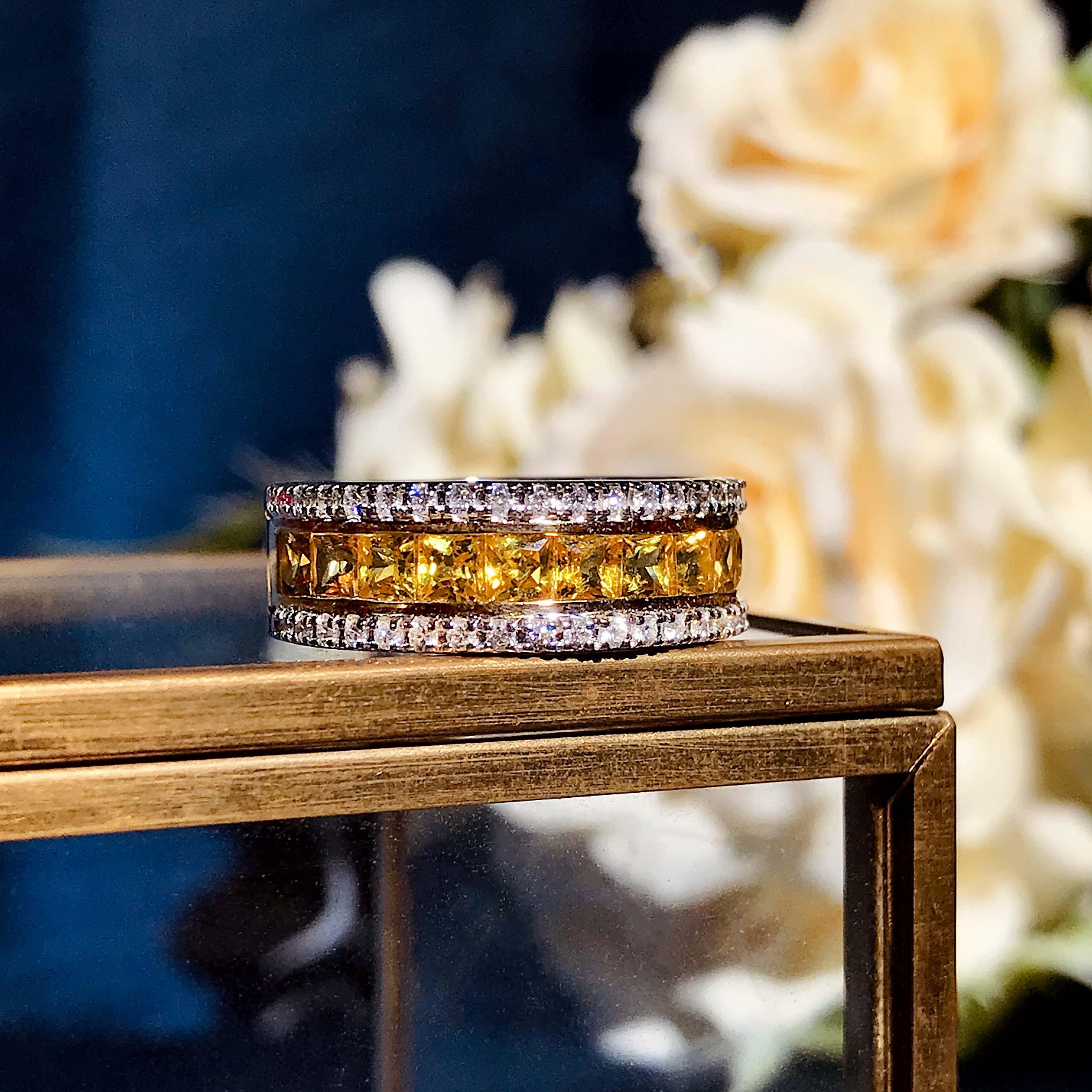 Art Deco Yellow Sapphire and Diamond Classic Half Eternity Band Ring in 18K Gold For Sale
