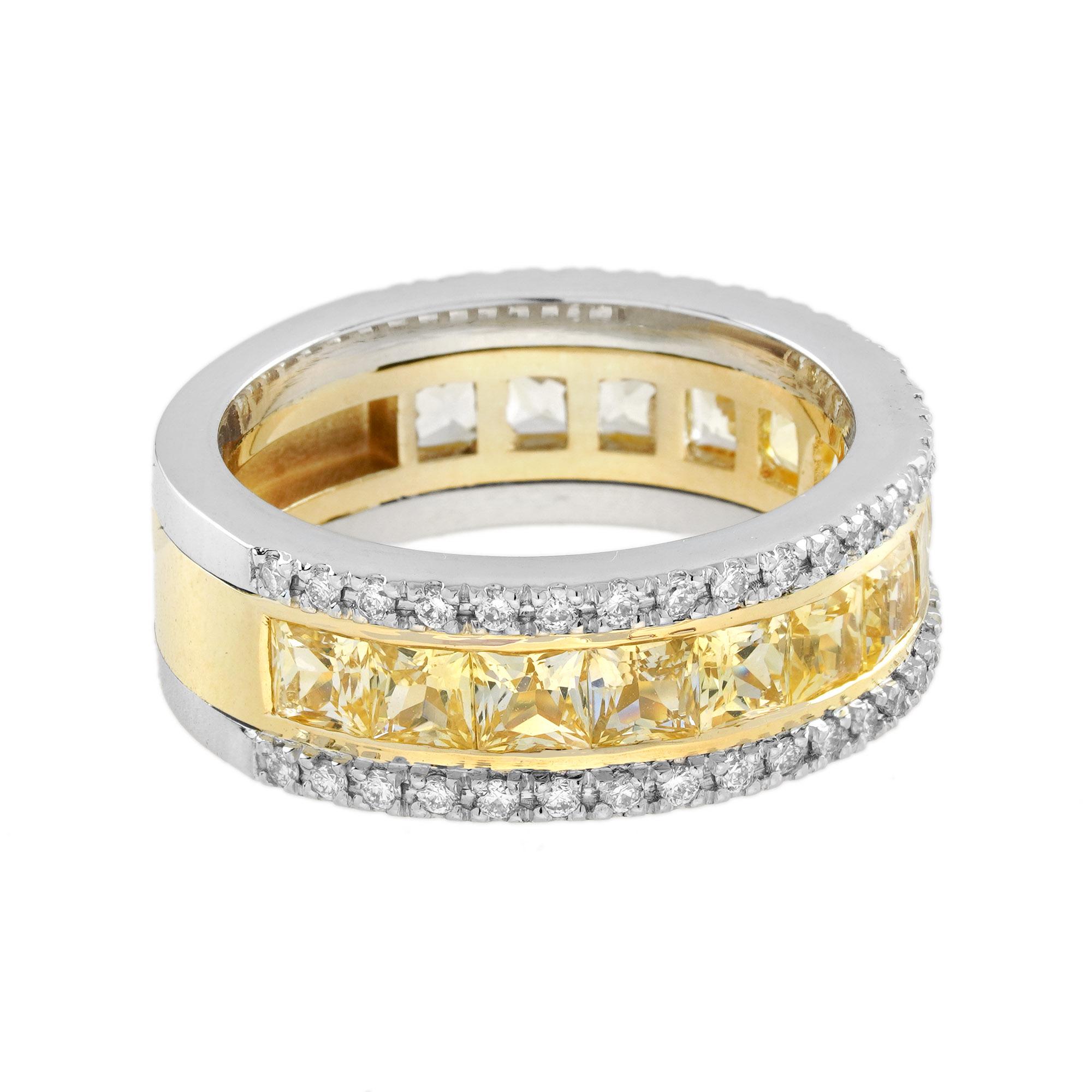 Square Cut 3 Ct. Yellow Sapphire and Diamond Classic Half Eternity Band Ring in 18K Gold For Sale