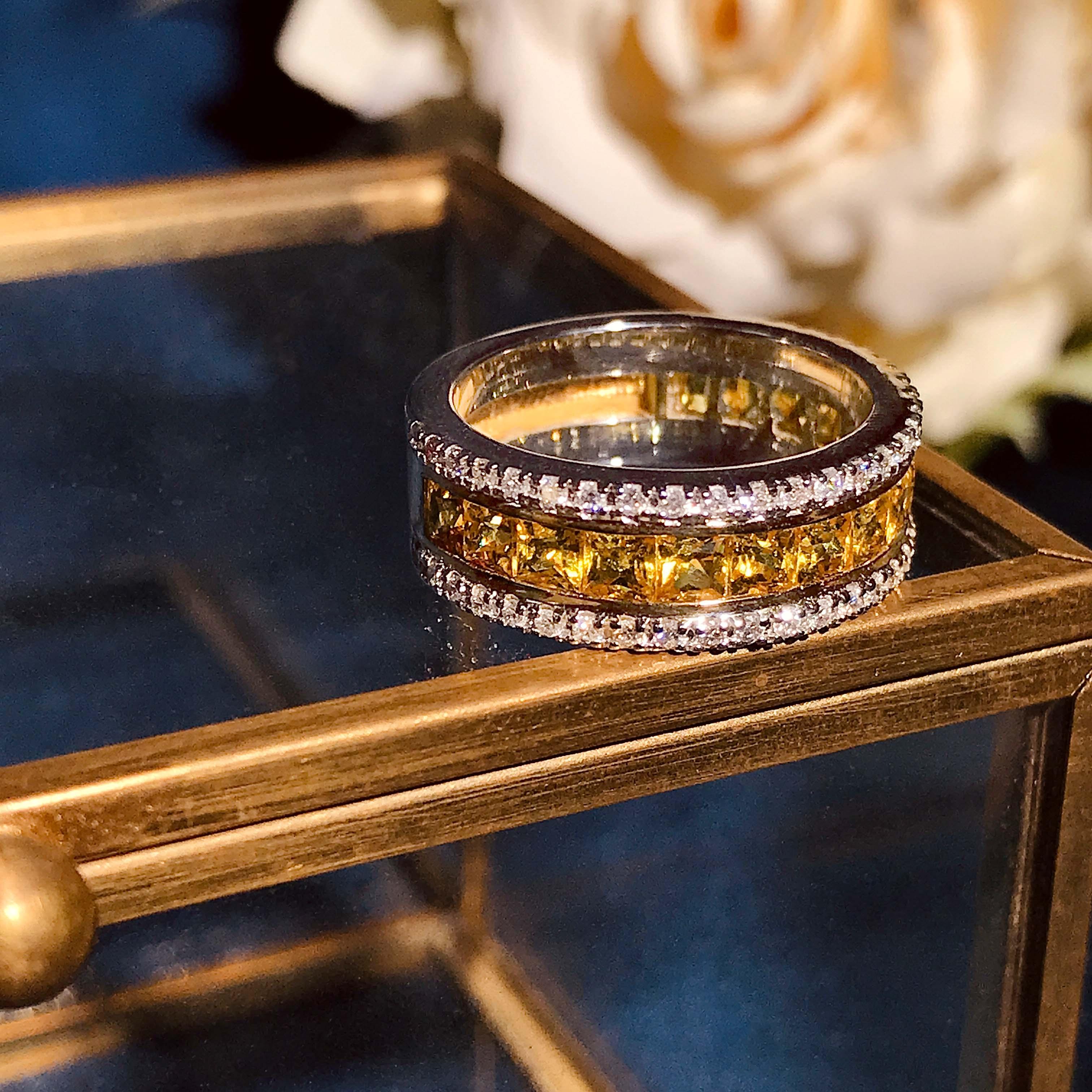 Emerald Cut Yellow Sapphire and Diamond Classic Half Eternity Band Ring in 18K Gold For Sale