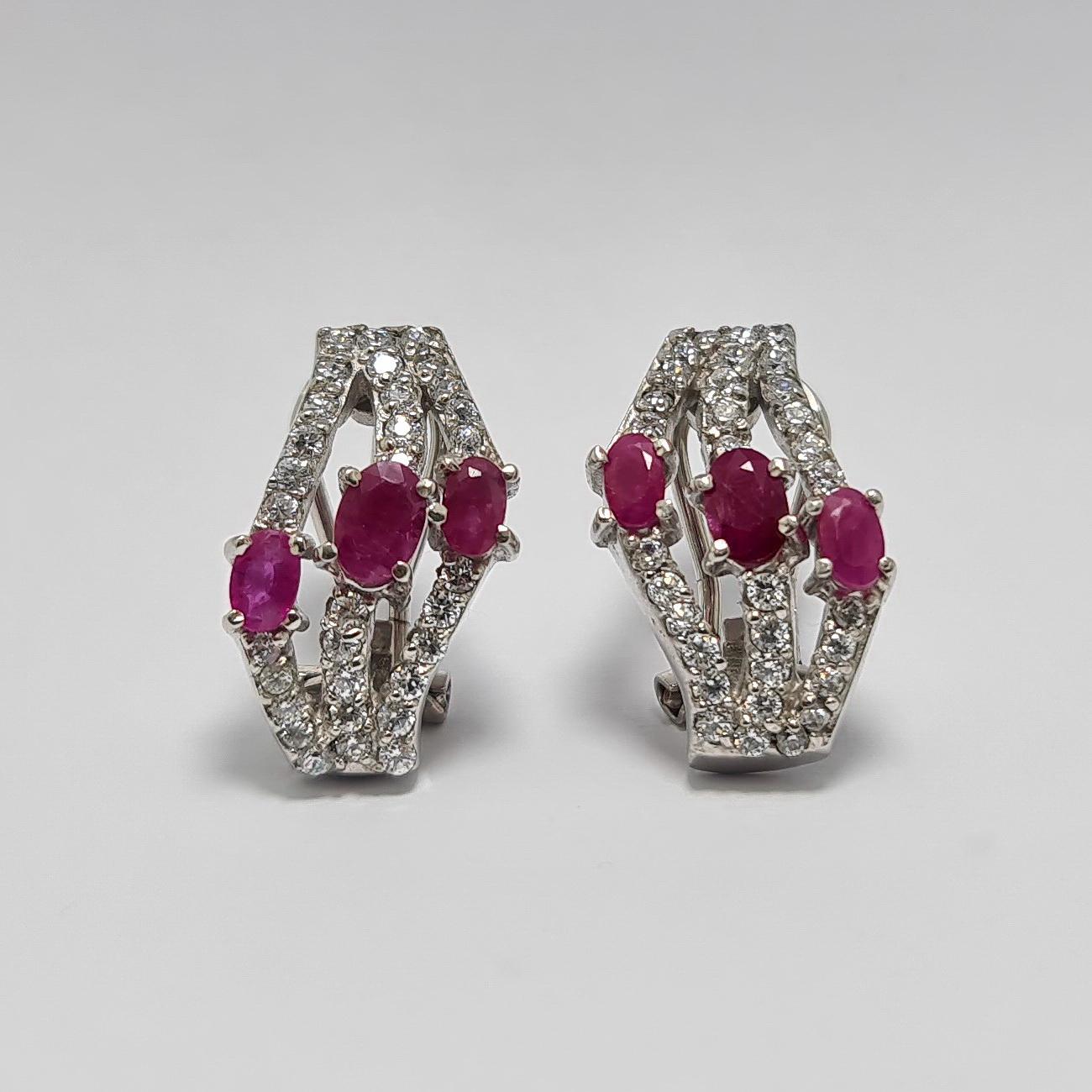 Over 2cts of Natural Untreated Unheated Thai Rubies set in pure .925 Sterling Silver with Rhodium Plated Earrings with Cubic Zirconia 