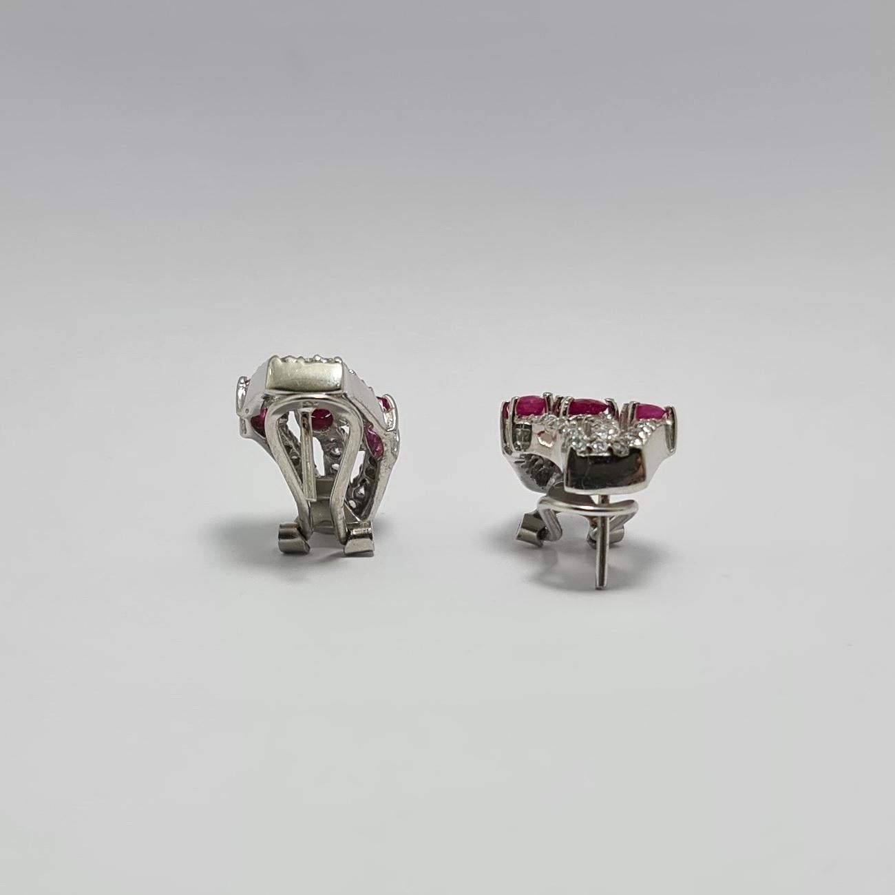 Art Deco 3+Cts Natural Thai Ruby .925 Sterling Silver Rhodium Plated Earring CZ Zirconia For Sale