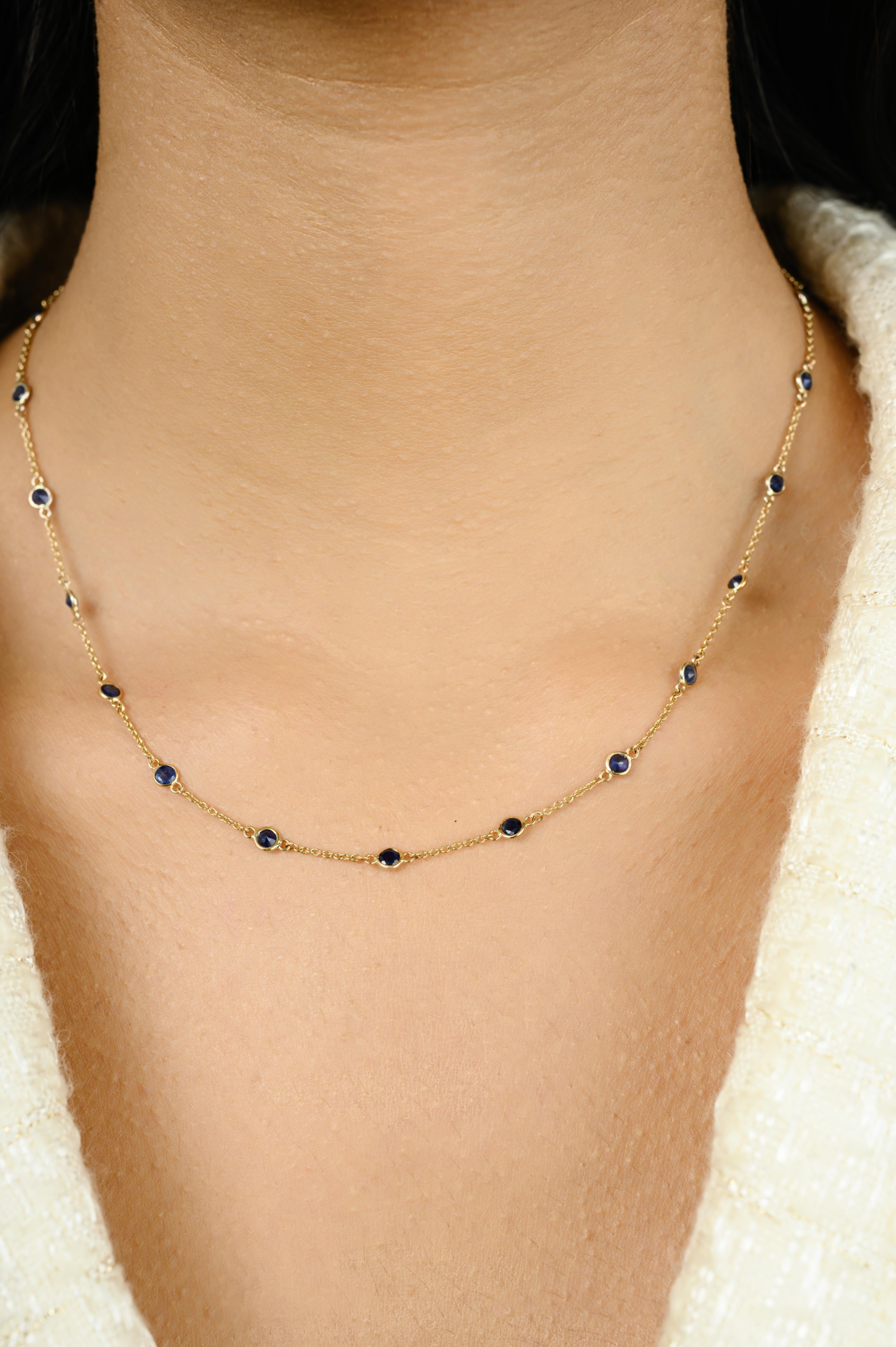 3 CTW Blue Sapphire Station Chain Necklace Gift for Mom in 14k Solid Yellow Gold studded with round cut blue sapphire. This stunning piece of jewelry instantly elevates a casual look or dressy outfit. 
Sapphire stimulate concentration and reduces