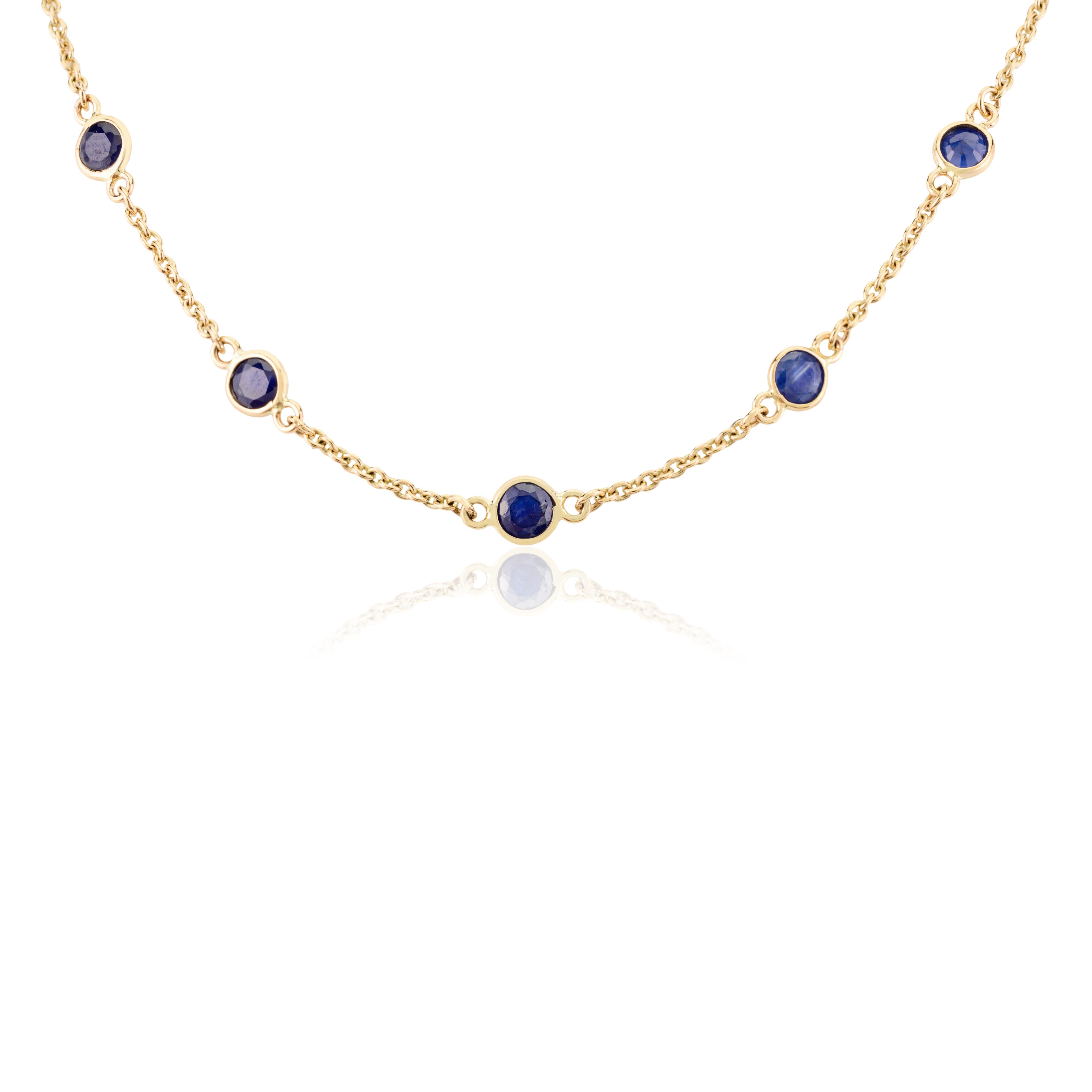 Modern 3 CTW Blue Sapphire Station Chain Necklace Gift for Mom in 14k Solid Yellow Gold For Sale