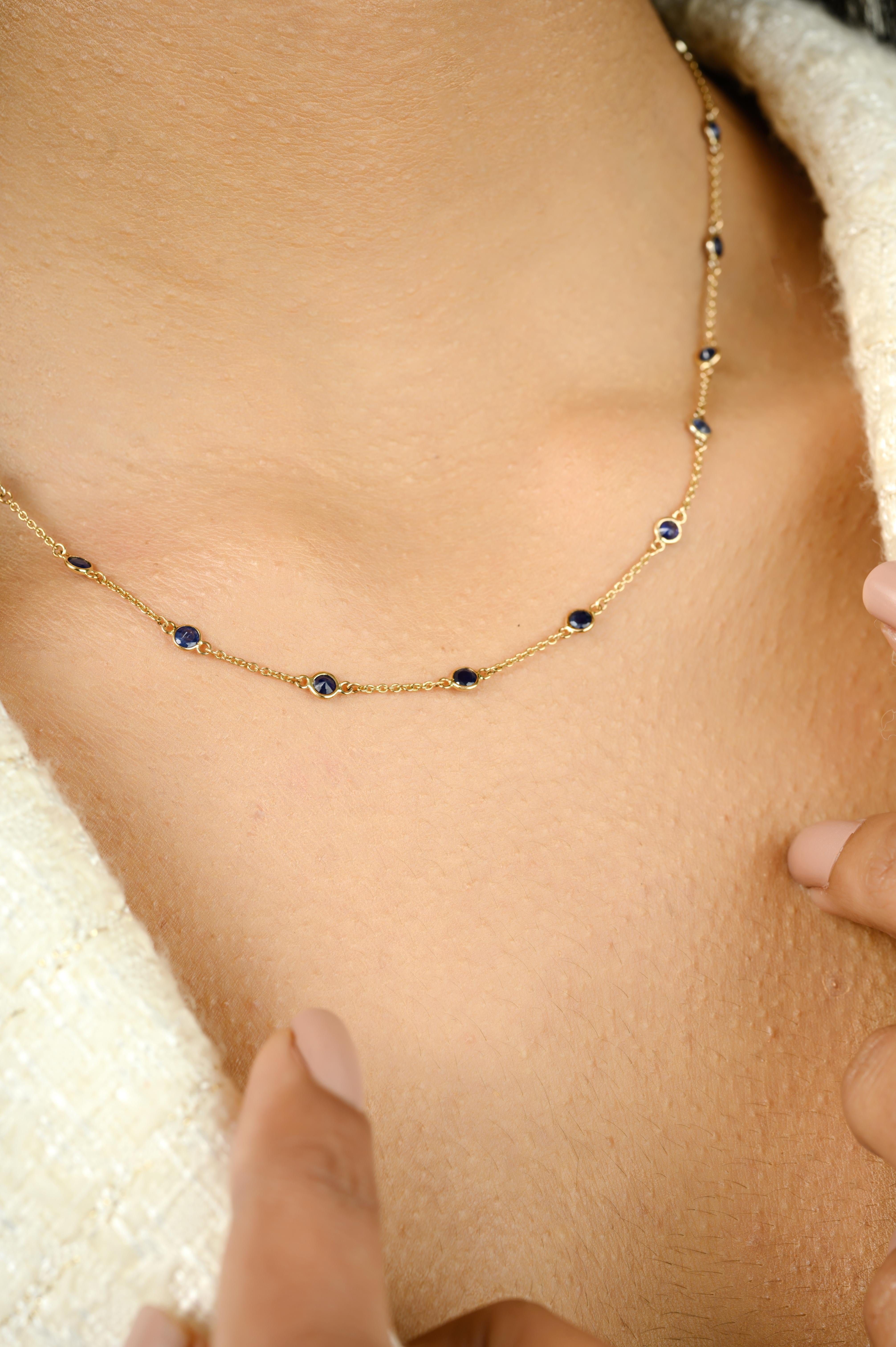 Round Cut 3 CTW Blue Sapphire Station Chain Necklace Gift for Mom in 14k Solid Yellow Gold For Sale