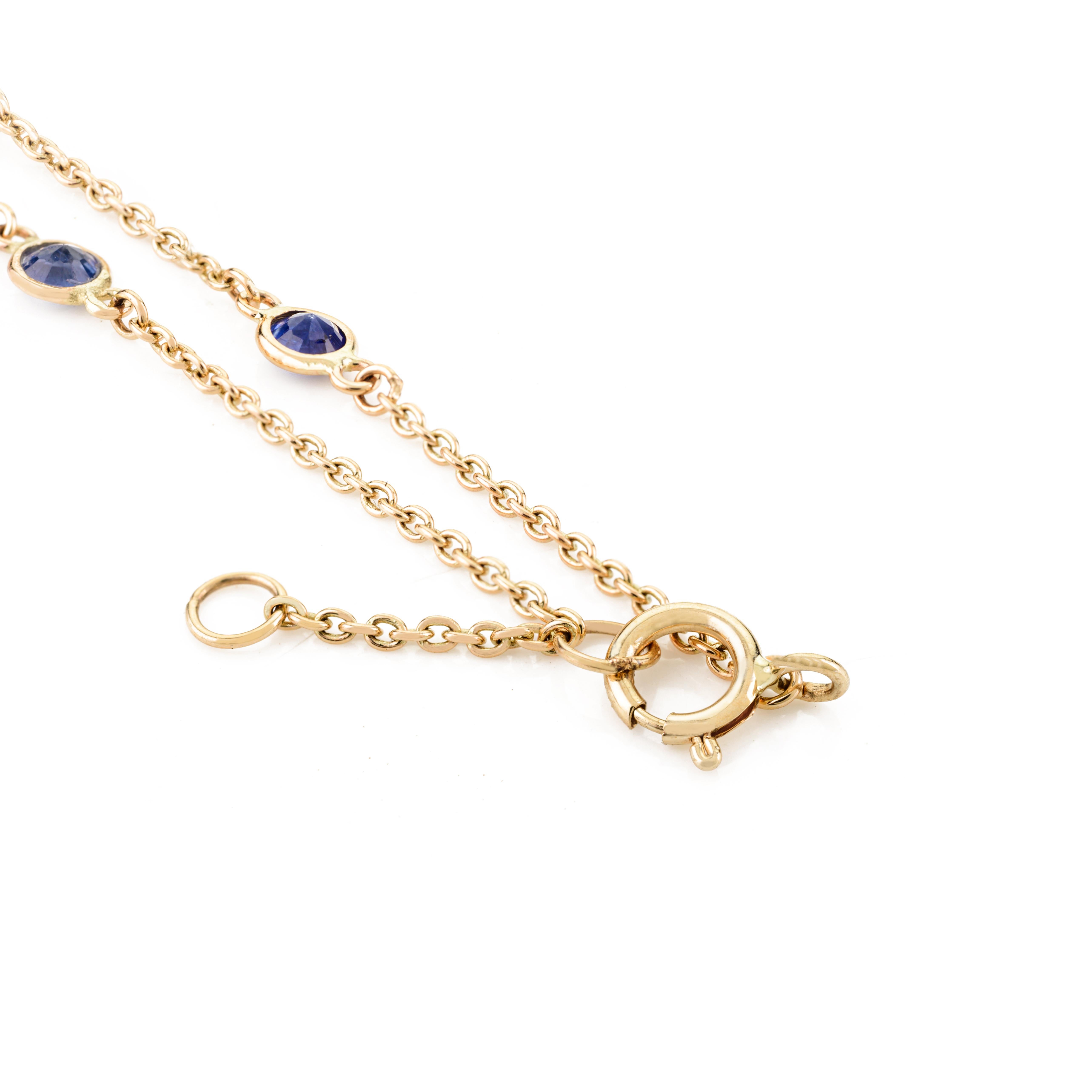 3 CTW Blue Sapphire Station Chain Necklace Gift for Mom in 14k Solid Yellow Gold In New Condition For Sale In New York, NY