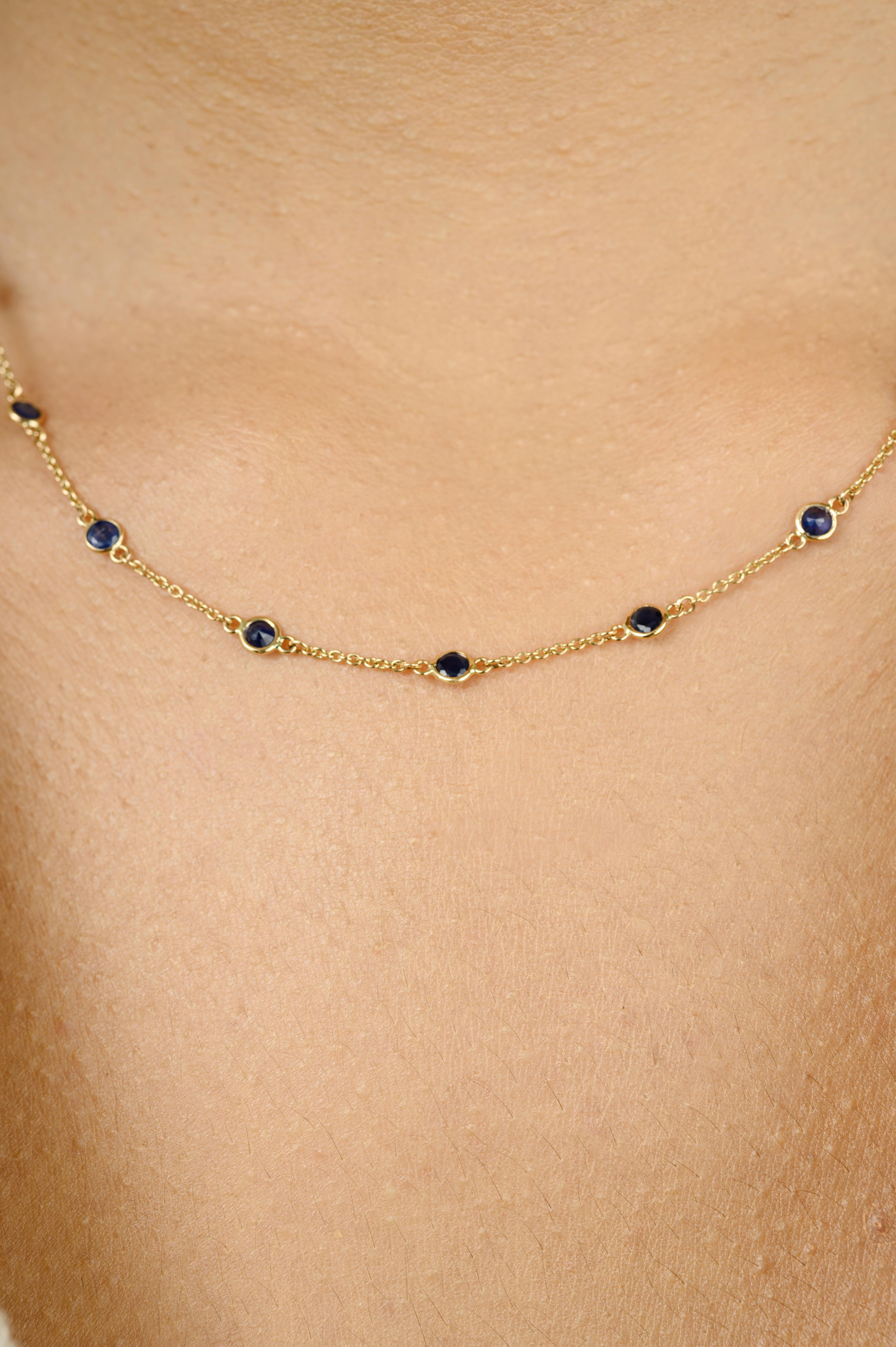 Women's 3 CTW Blue Sapphire Station Chain Necklace Gift for Mom in 14k Solid Yellow Gold For Sale