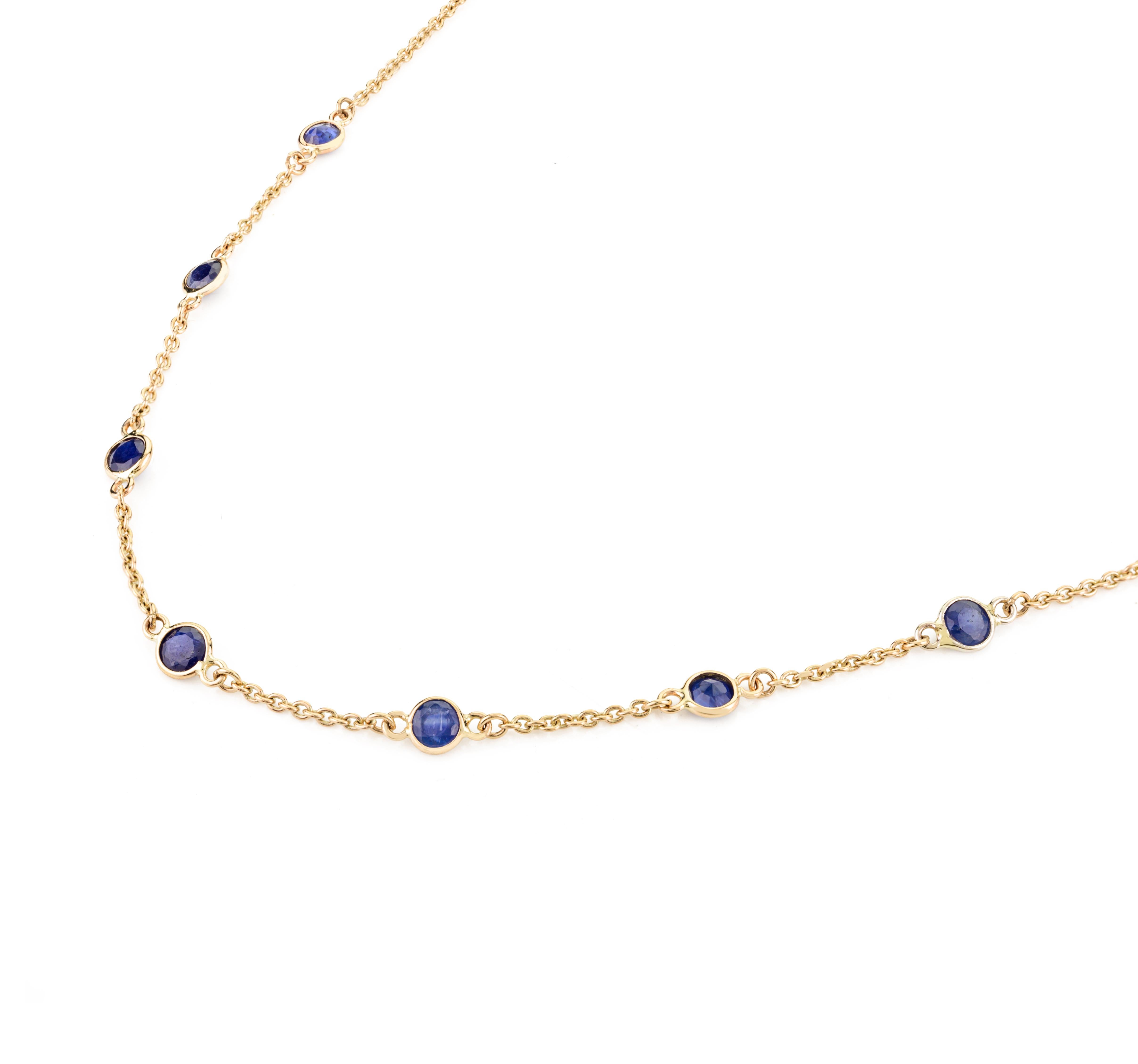 3 CTW Blue Sapphire Station Chain Necklace Gift for Mom in 14k Solid Yellow Gold For Sale 1