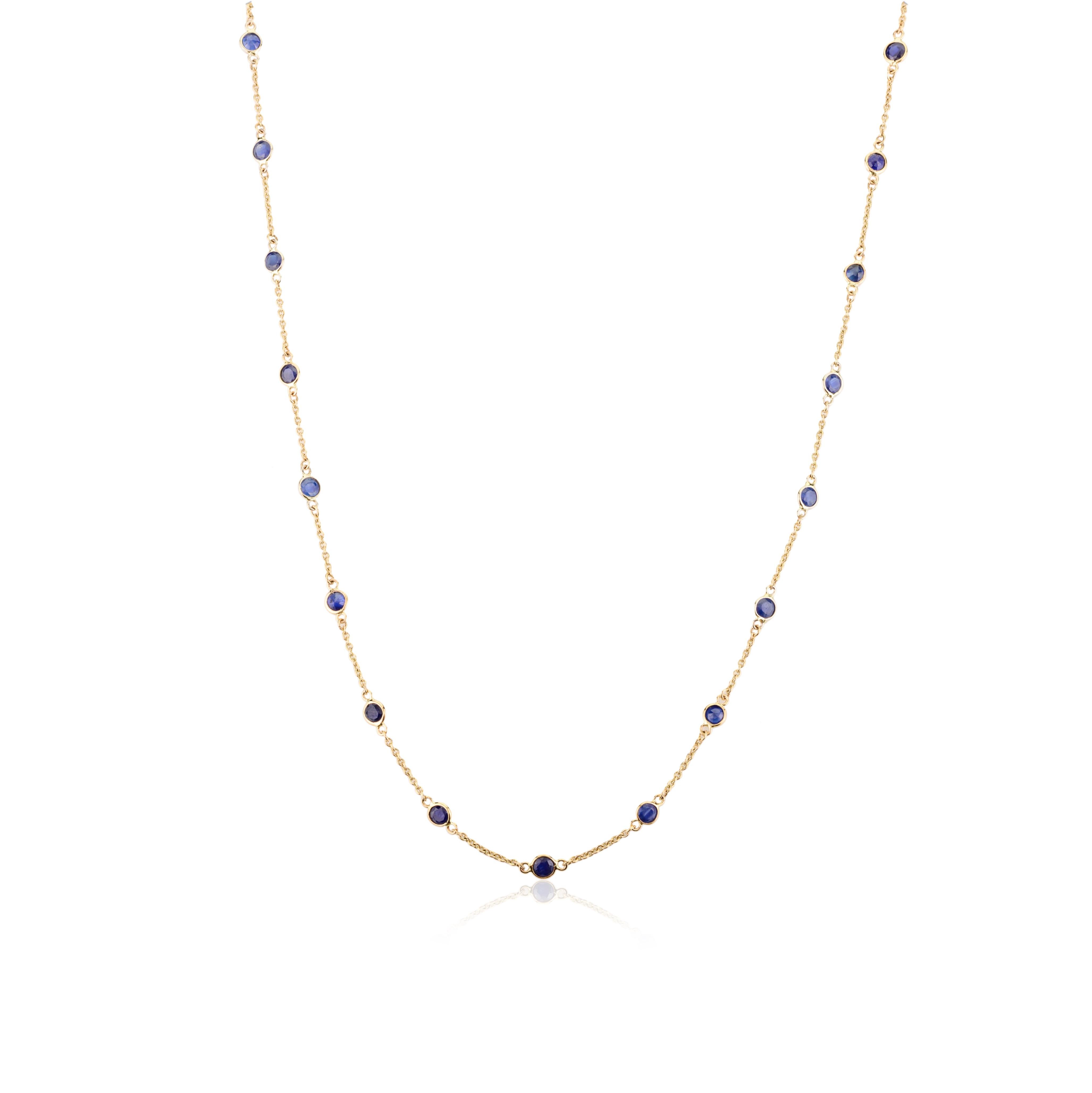 3 CTW Blue Sapphire Station Chain Necklace Gift for Mom in 14k Solid Yellow Gold For Sale 2