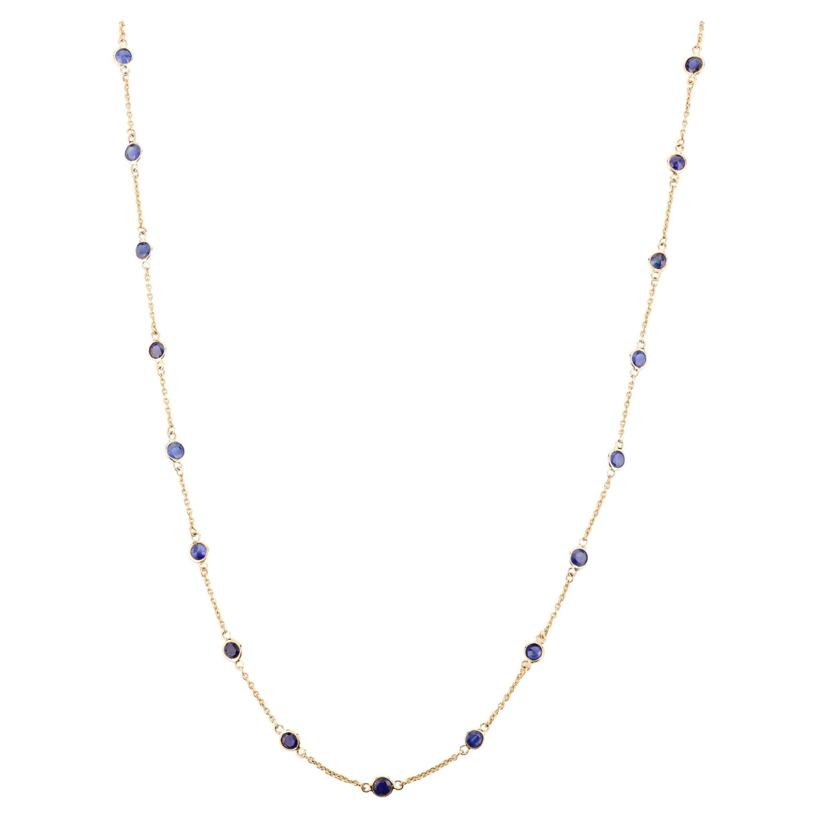 3 CTW Blue Sapphire Station Chain Necklace Gift for Mom in 14k Solid Yellow Gold
