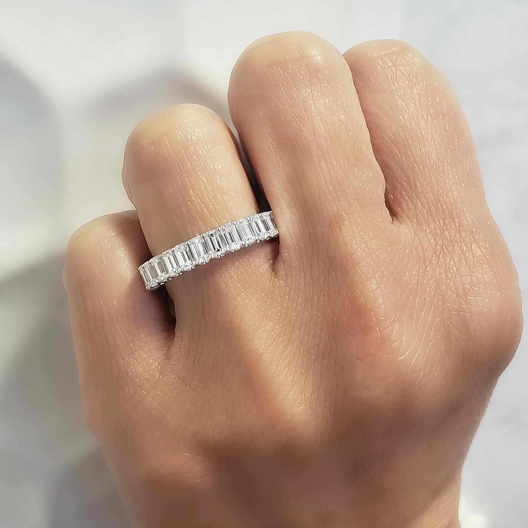 For Sale:  3ctw Emerald Cut Eternity Band Shared Prong Design F-G Color VS1 Clarity Plat 8