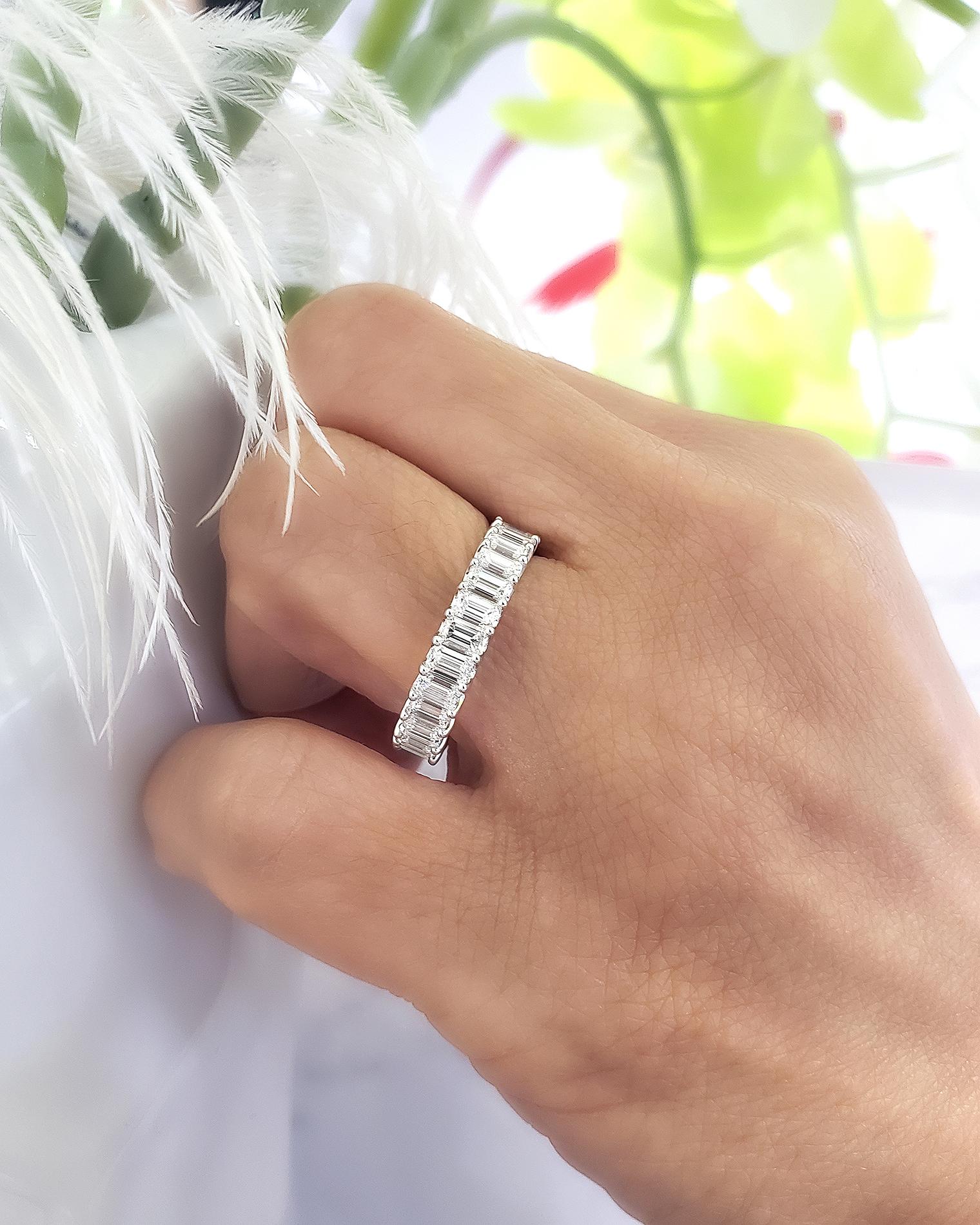 For Sale:  3ctw Emerald Cut Eternity Band Shared Prong Design F-G Color VS1 Clarity Plat 9