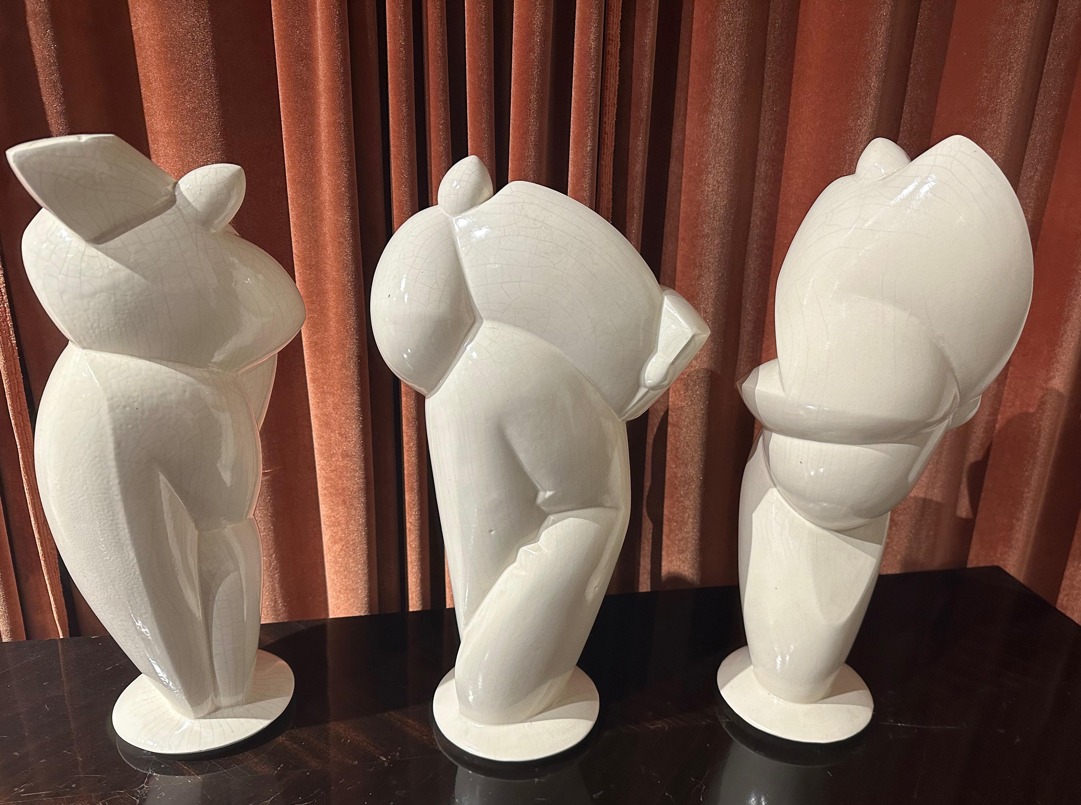 3 Cubist Art Deco Style Musicians Large Ceramic Sculptures In Good Condition For Sale In Oakland, CA