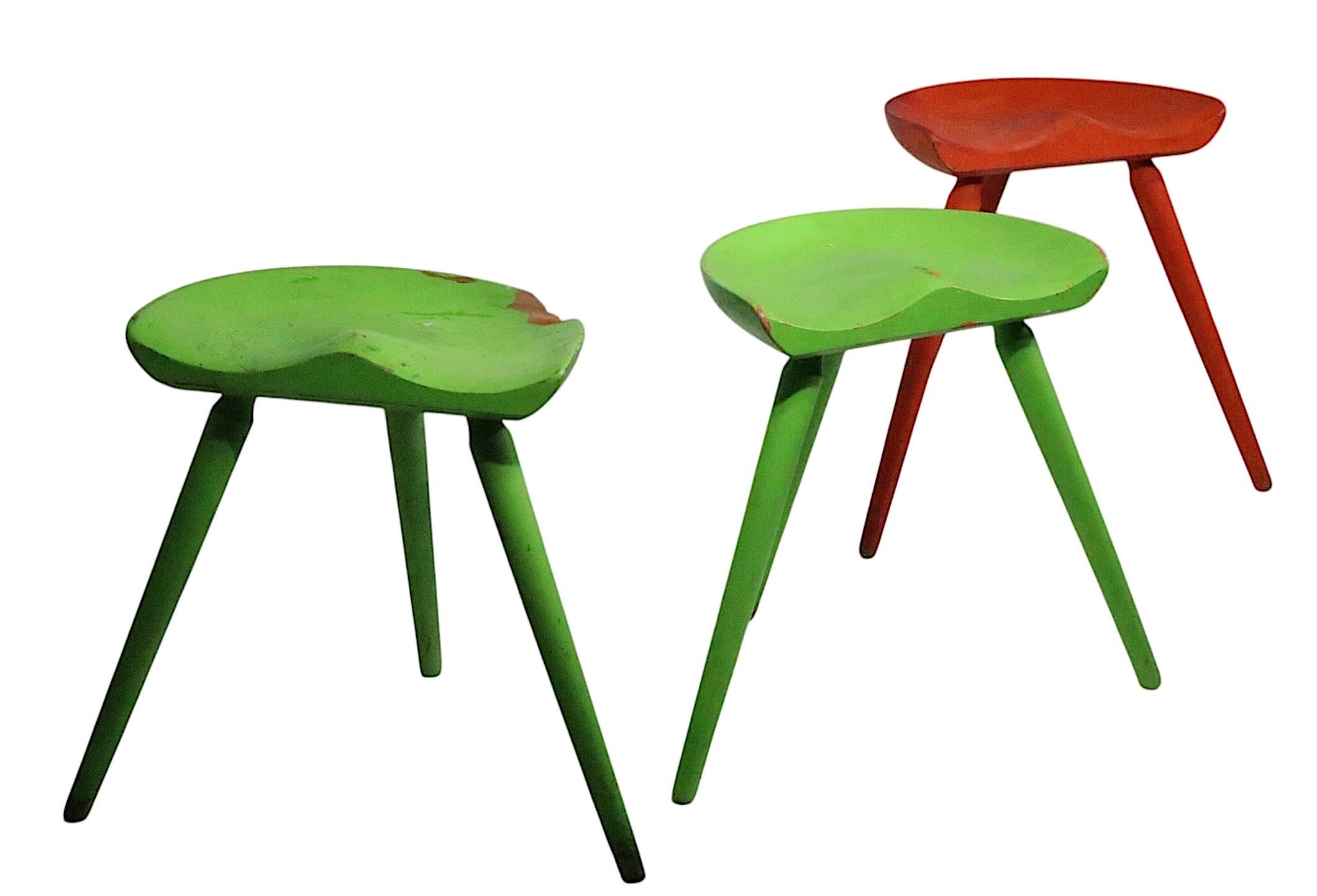 3 Danish Mid Century  Modern Stools attributed to Arne Hovmand Olsen In Fair Condition For Sale In New York, NY