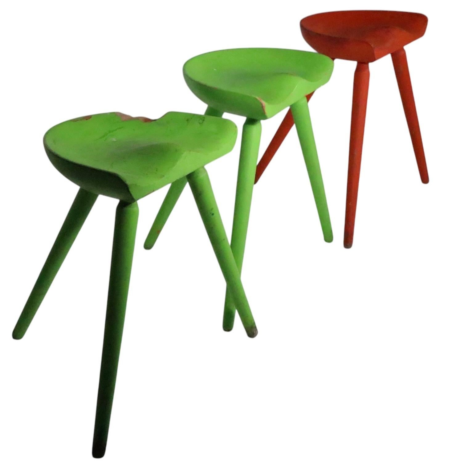 3 Danish Mid Century  Modern Stools attributed to Arne Hovmand Olsen For Sale 2