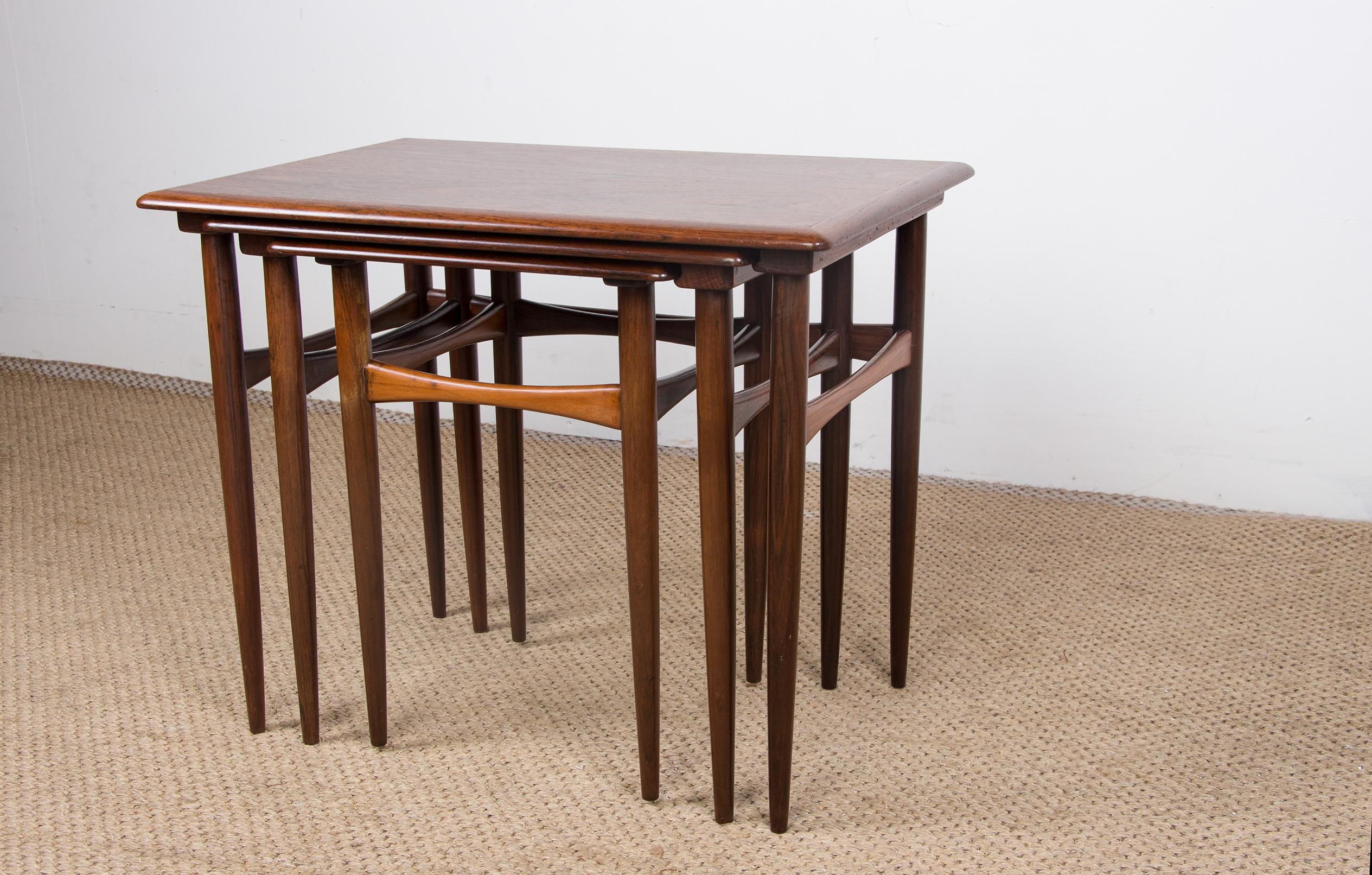 Scandinavian Modern 3 Danish Nesting Tables in Rio Rosewood by Kai Kristiansen, 1960