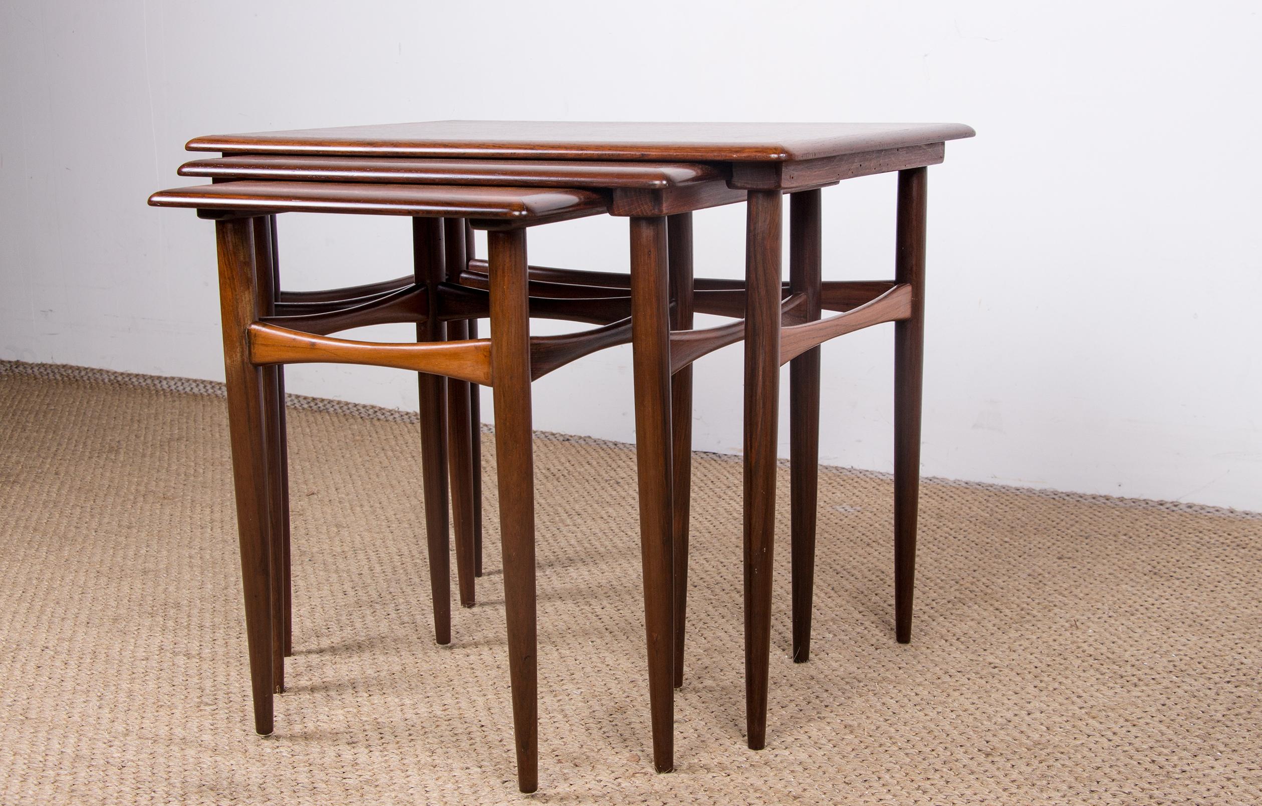 3 Danish Nesting Tables in Rio Rosewood by Kai Kristiansen, 1960 In Excellent Condition In JOINVILLE-LE-PONT, FR