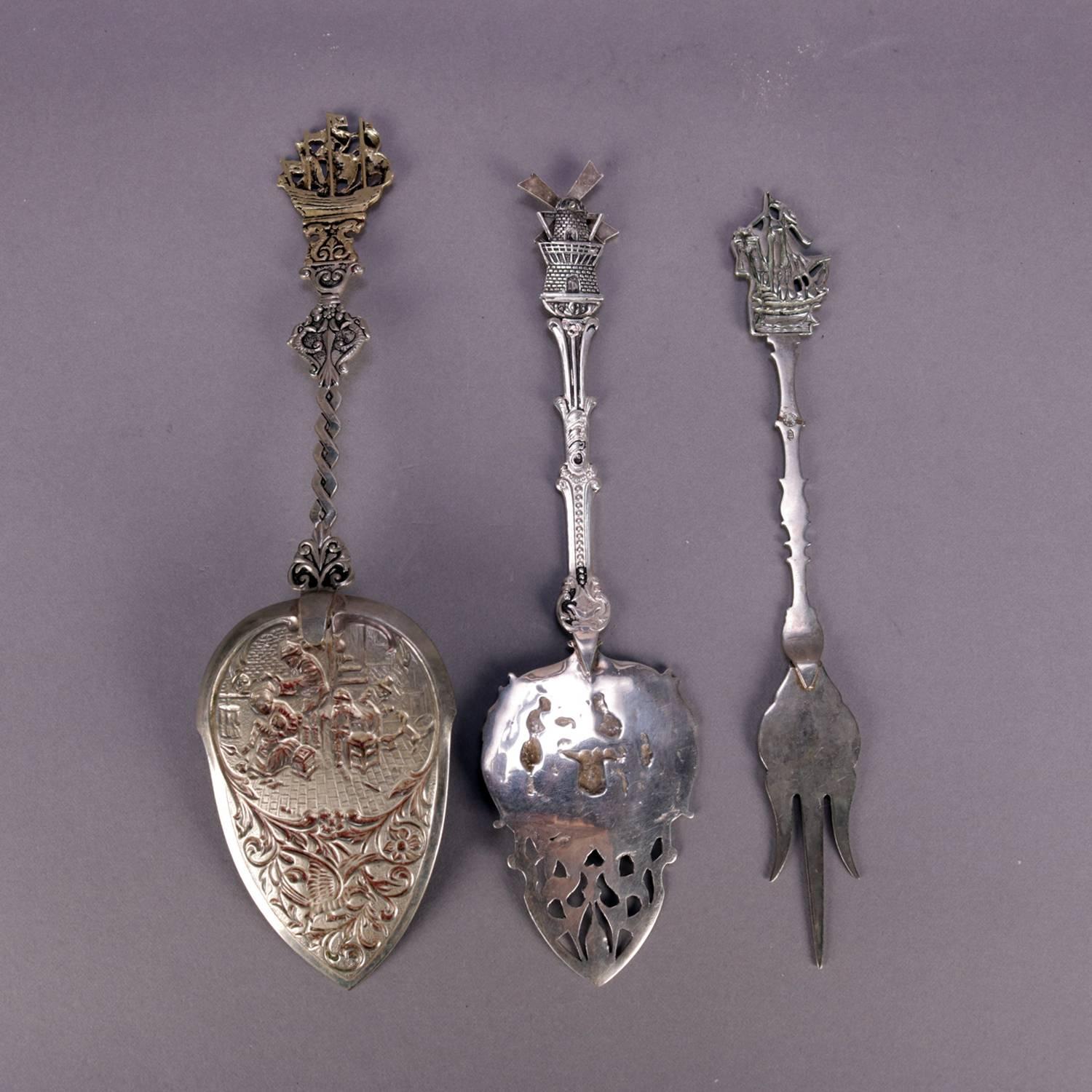 Three Danish Reticulated Repousse .800 Silver Serving Pieces, 19th Century In Good Condition In Big Flats, NY