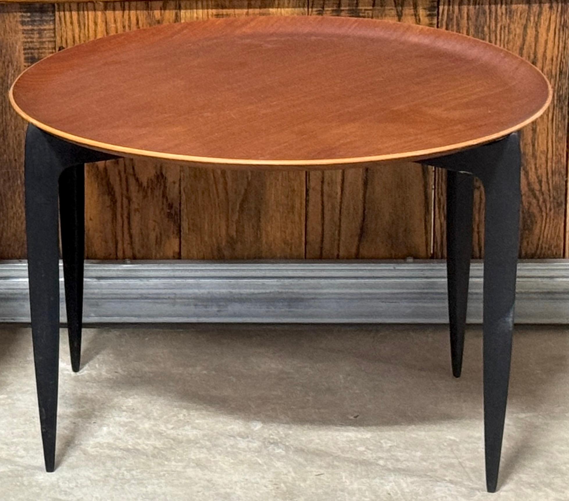 Scandinavian Modern 3 Danish Teak & Ebonized Circular Campaign Tray Tables by Fritz Hansen For Sale
