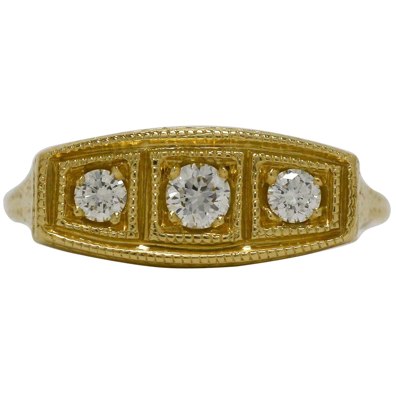 3 Diamond 14 Karat Gold Edwardian Style Trinity Engagement Ring Wedding Band