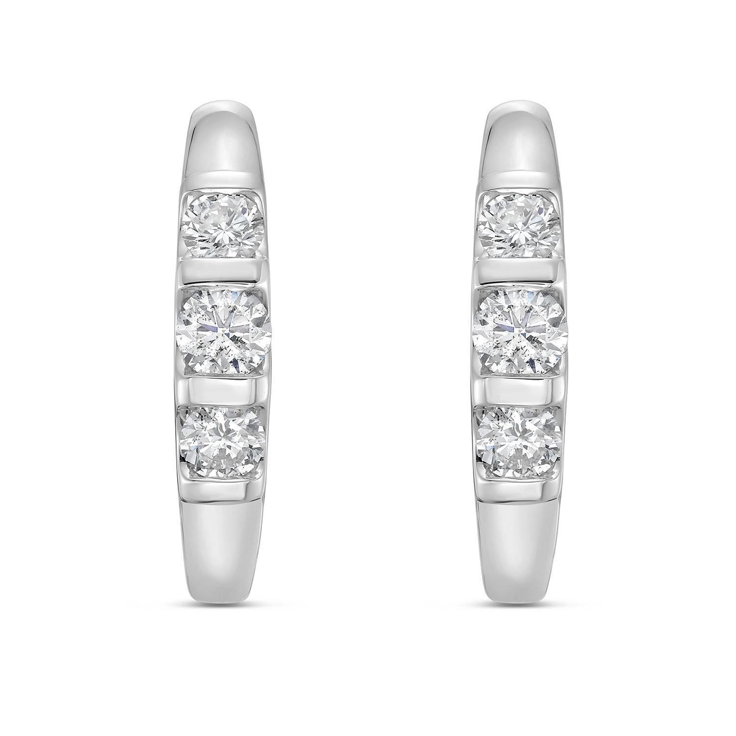 Pendientes de aro de 3 diamantes Minimal de oro blanco de 14k Art Decó en venta