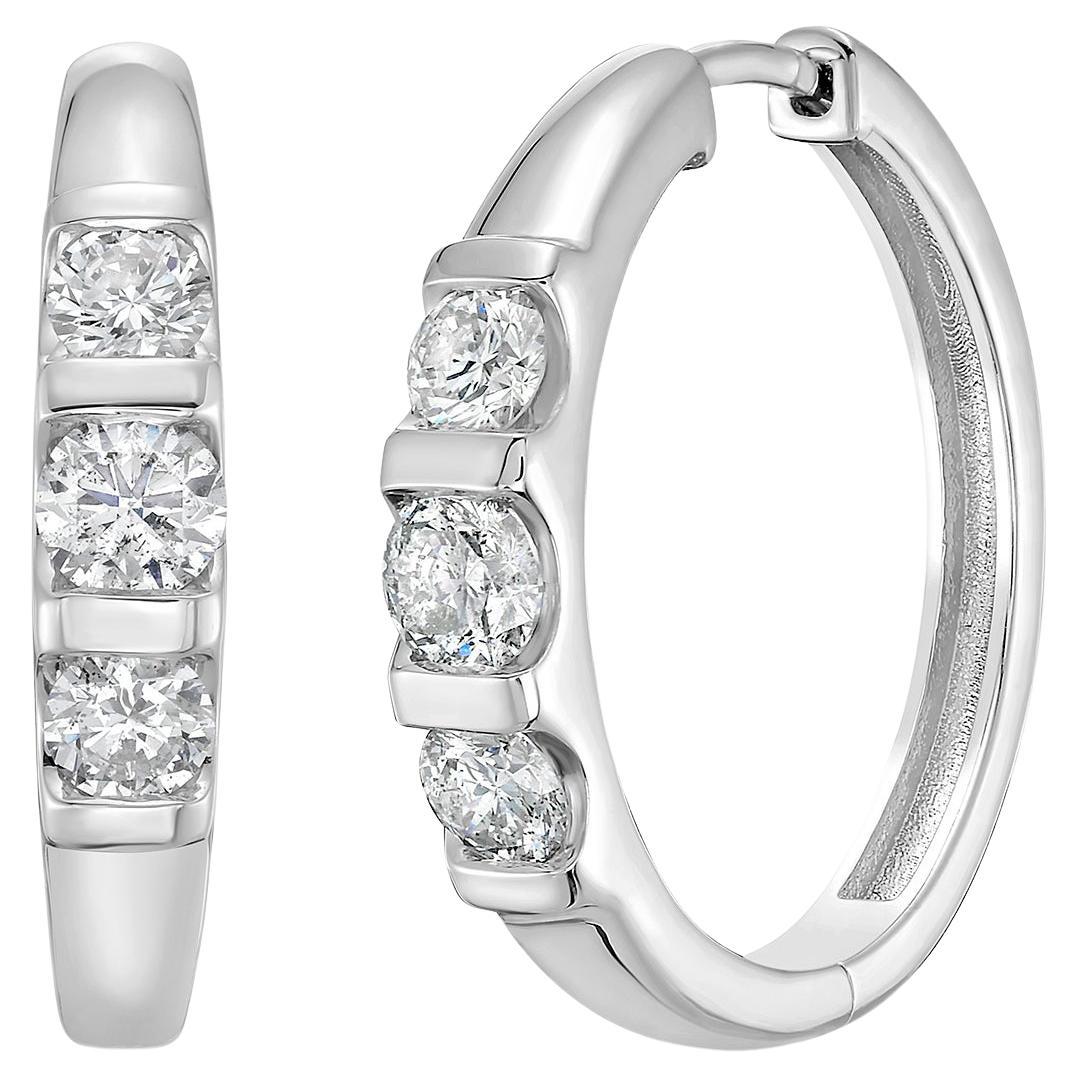Pendientes de aro de 3 diamantes Minimal de oro blanco de 14k en venta