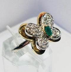 3 Dimensional 2 Tone 14k Gold Butterfly Ring 1.04 Carats Diamonds and Emerald