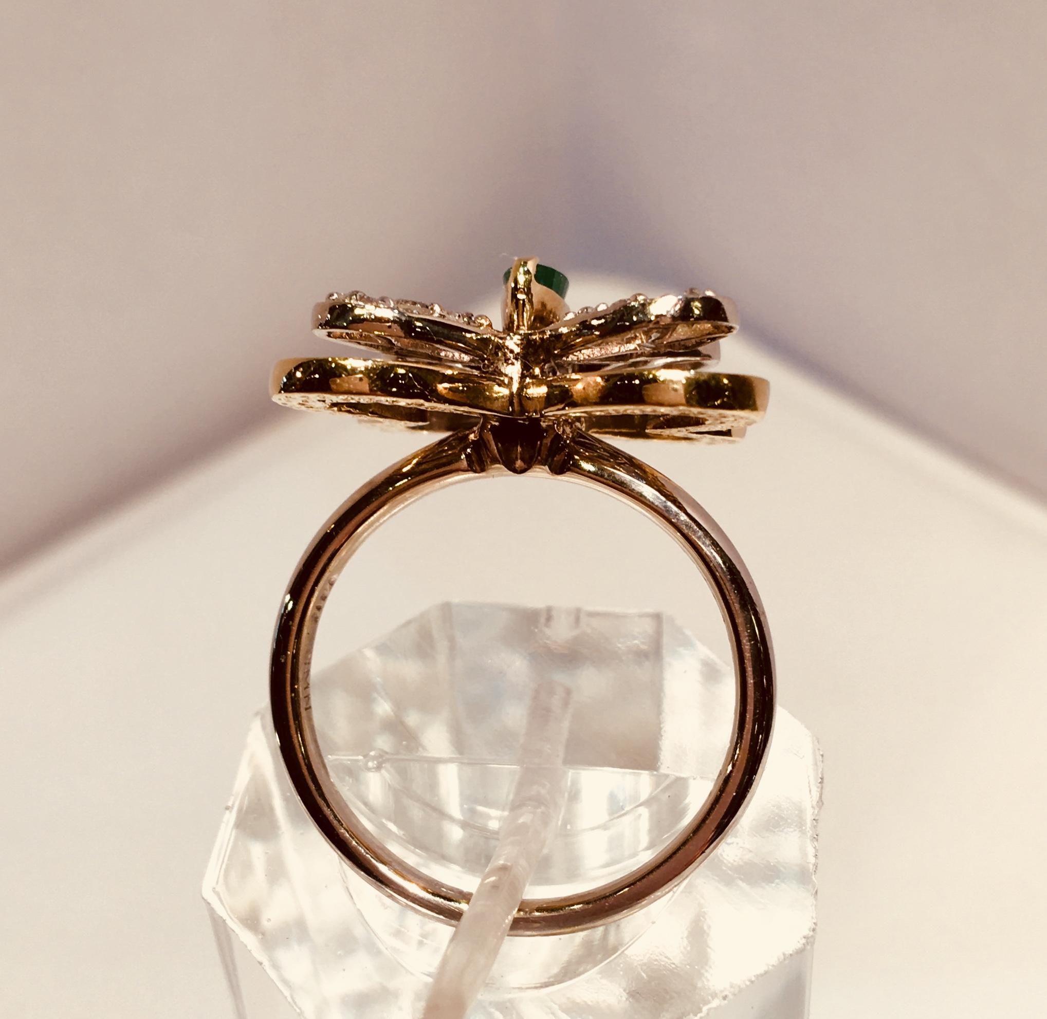 Round Cut 3 Dimensional 2 Tone 14k Gold Butterfly Ring 1.04 Carats Diamonds and Emerald