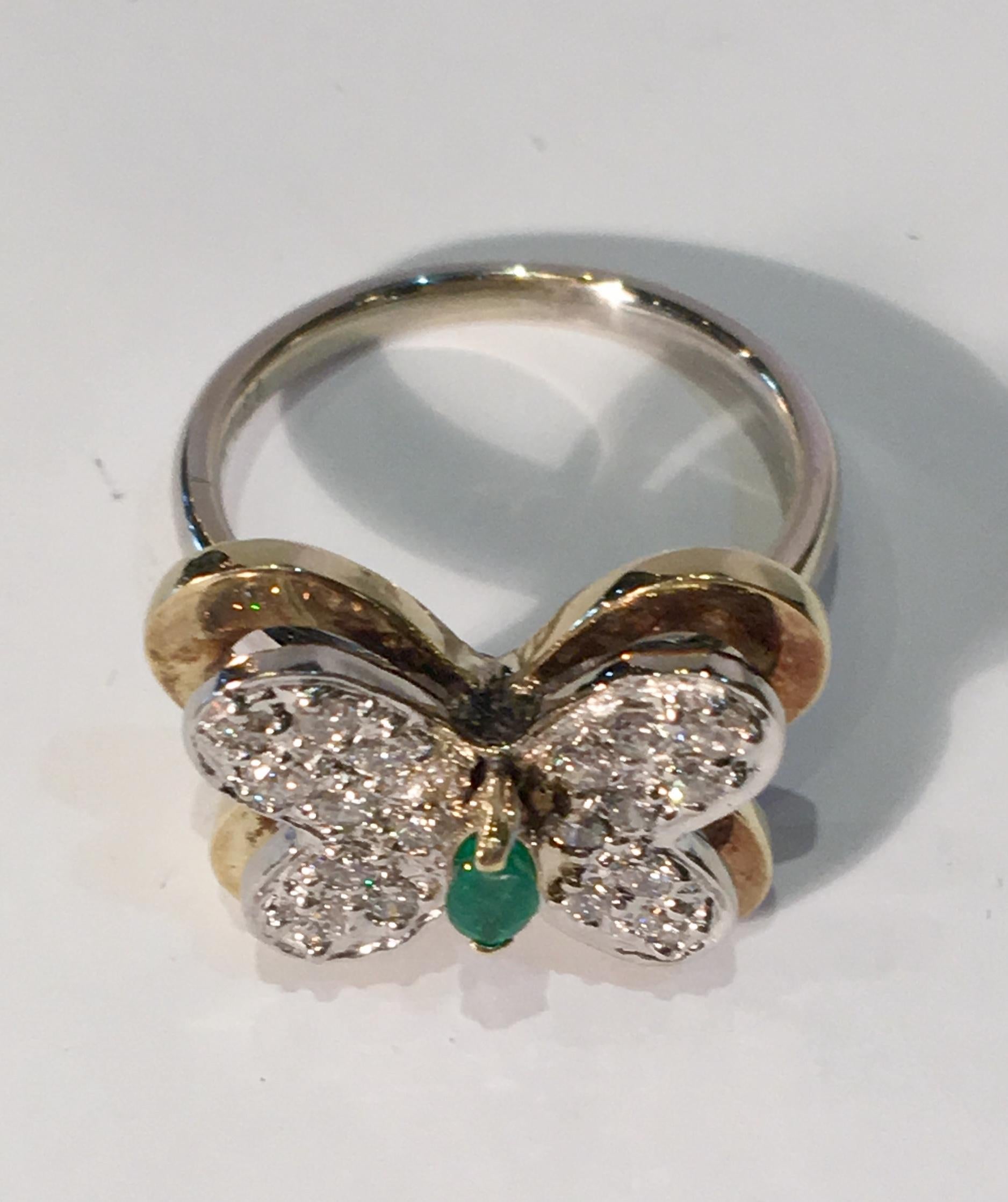 Women's 3 Dimensional 2 Tone 14k Gold Butterfly Ring 1.04 Carats Diamonds and Emerald 