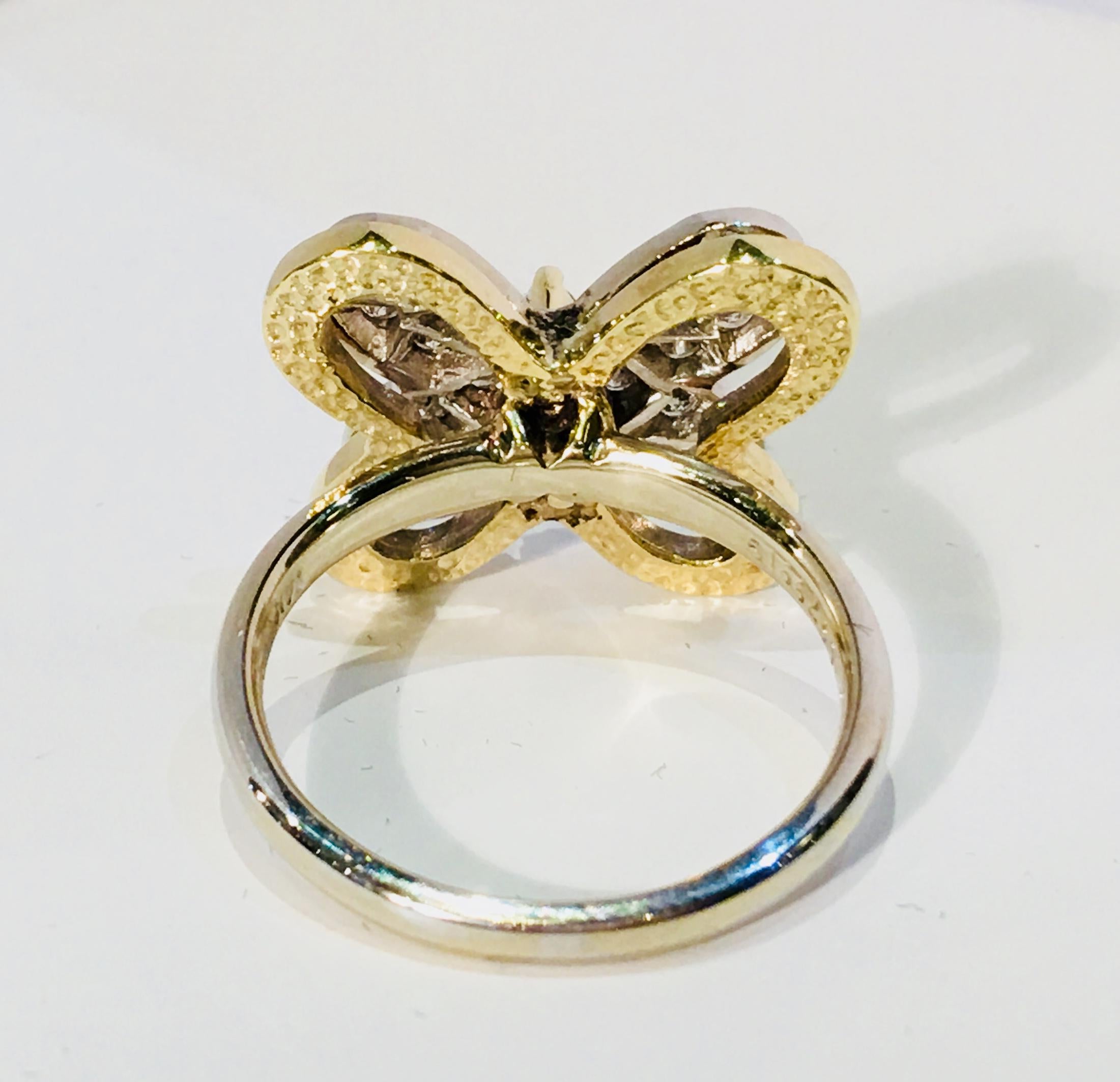 3 Dimensional 2 Tone 14k Gold Butterfly Ring 1.04 Carats Diamonds and Emerald  2