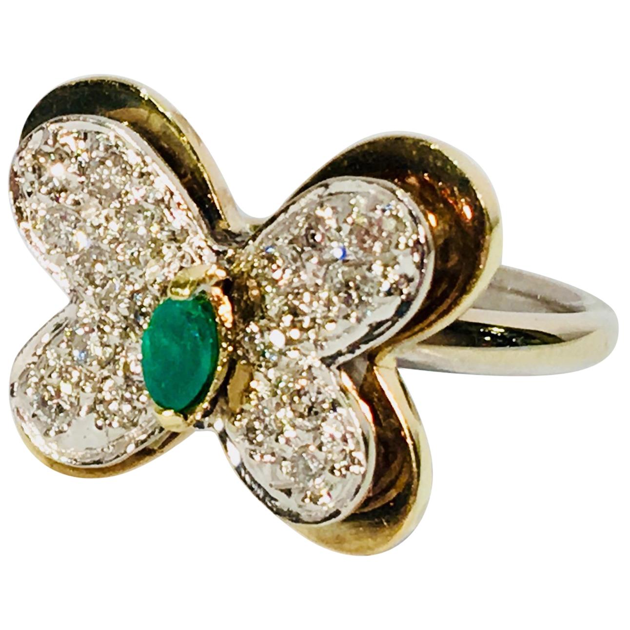 3 Dimensional 2 Tone 14k Gold Butterfly Ring 1.04 Carats Diamonds and Emerald 