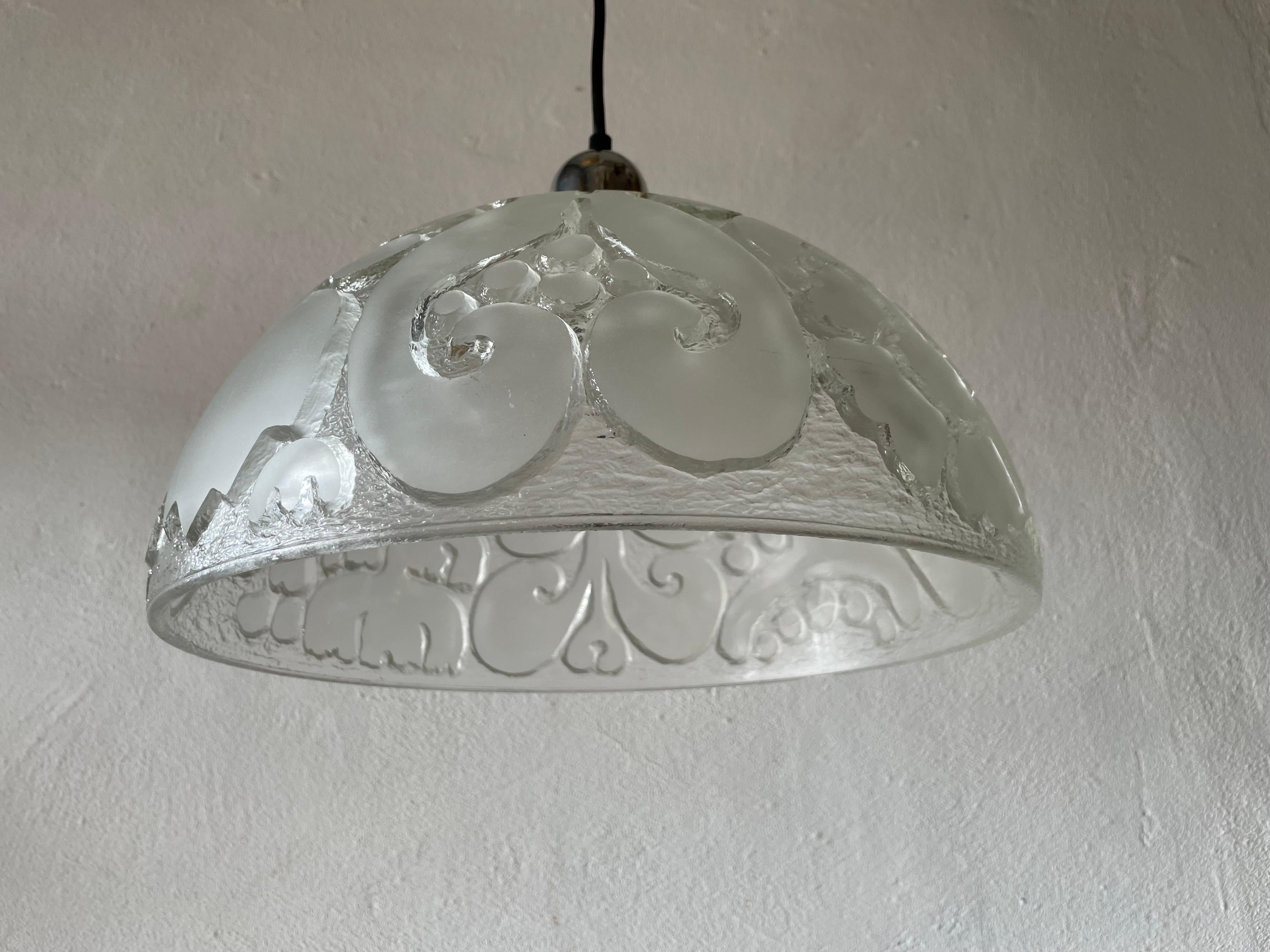 3 dimensional Artwork Heavy Glass Ceiling Lamp by Peill Putzler, 1970s, Germany

Lampshade is in very good vintage condition.

This lamp works with E27 light bulb. 
Wired and suitable to use with 220V and 110V for all