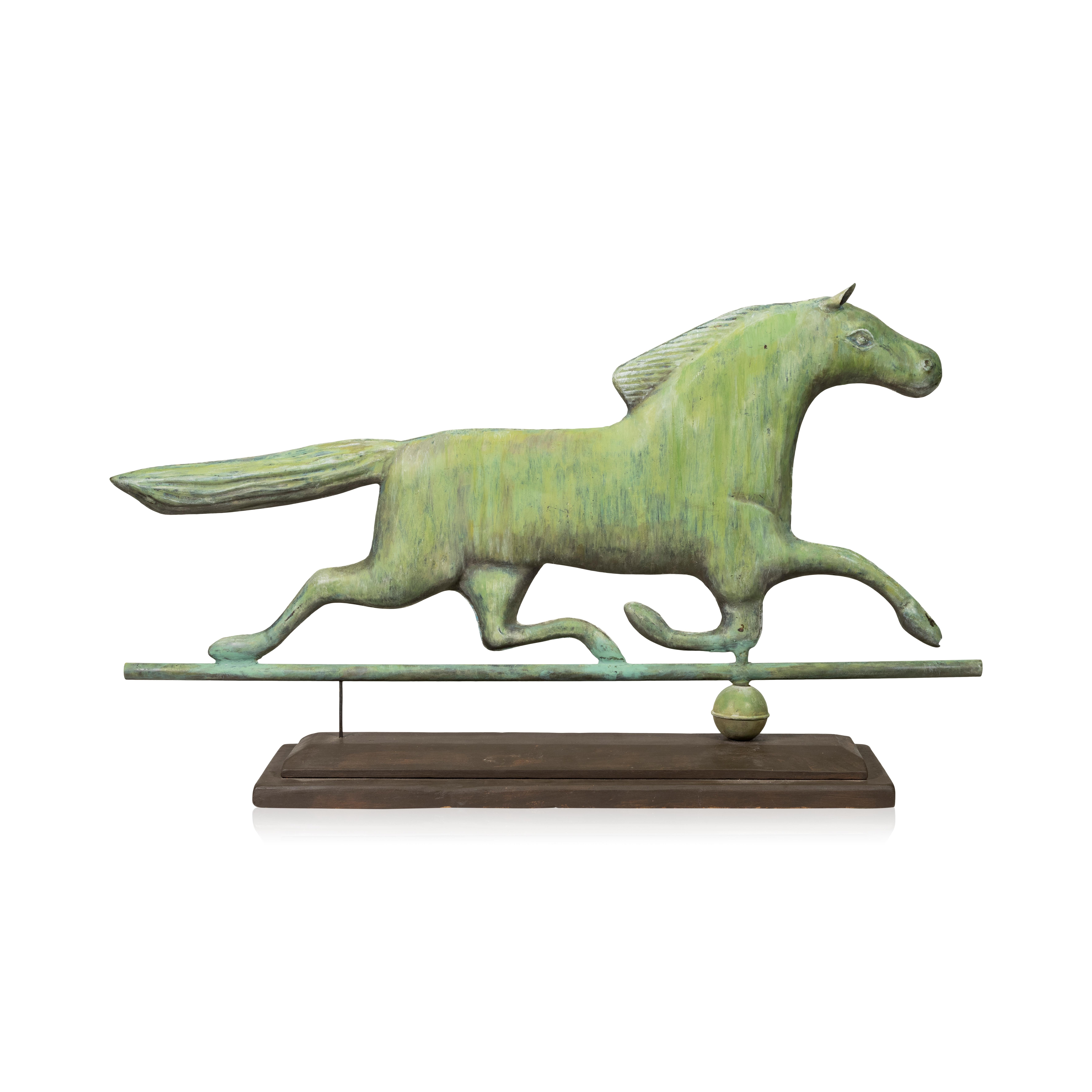 Full bodied 3D running horse with applied verdigris weather vane on wood base. Mid 20th Century. 18