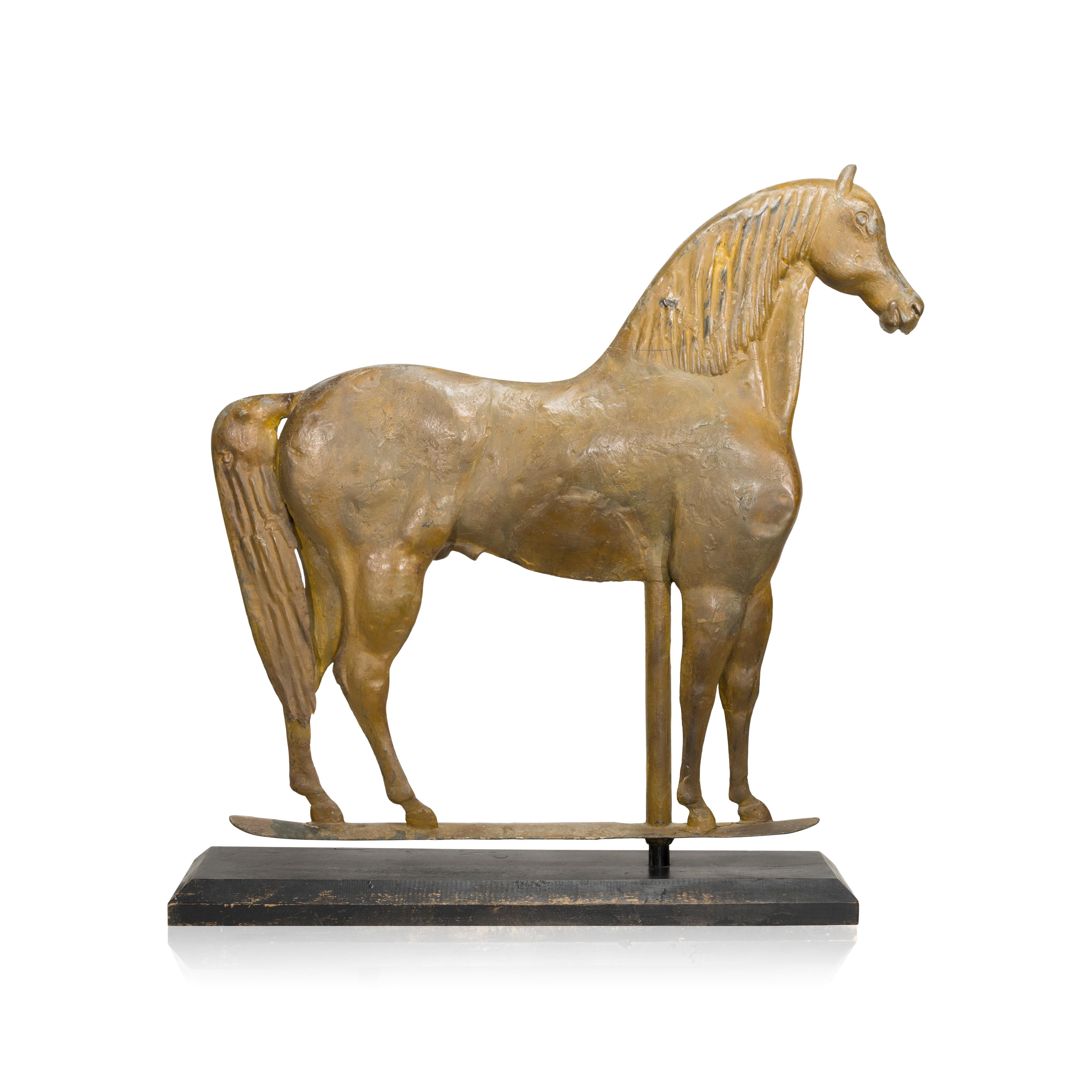 Early 20th Century large molded copper stallion weather vane with cast zinc head and cast body. Original mustard paint. From Long Island, New York. 27 1/2