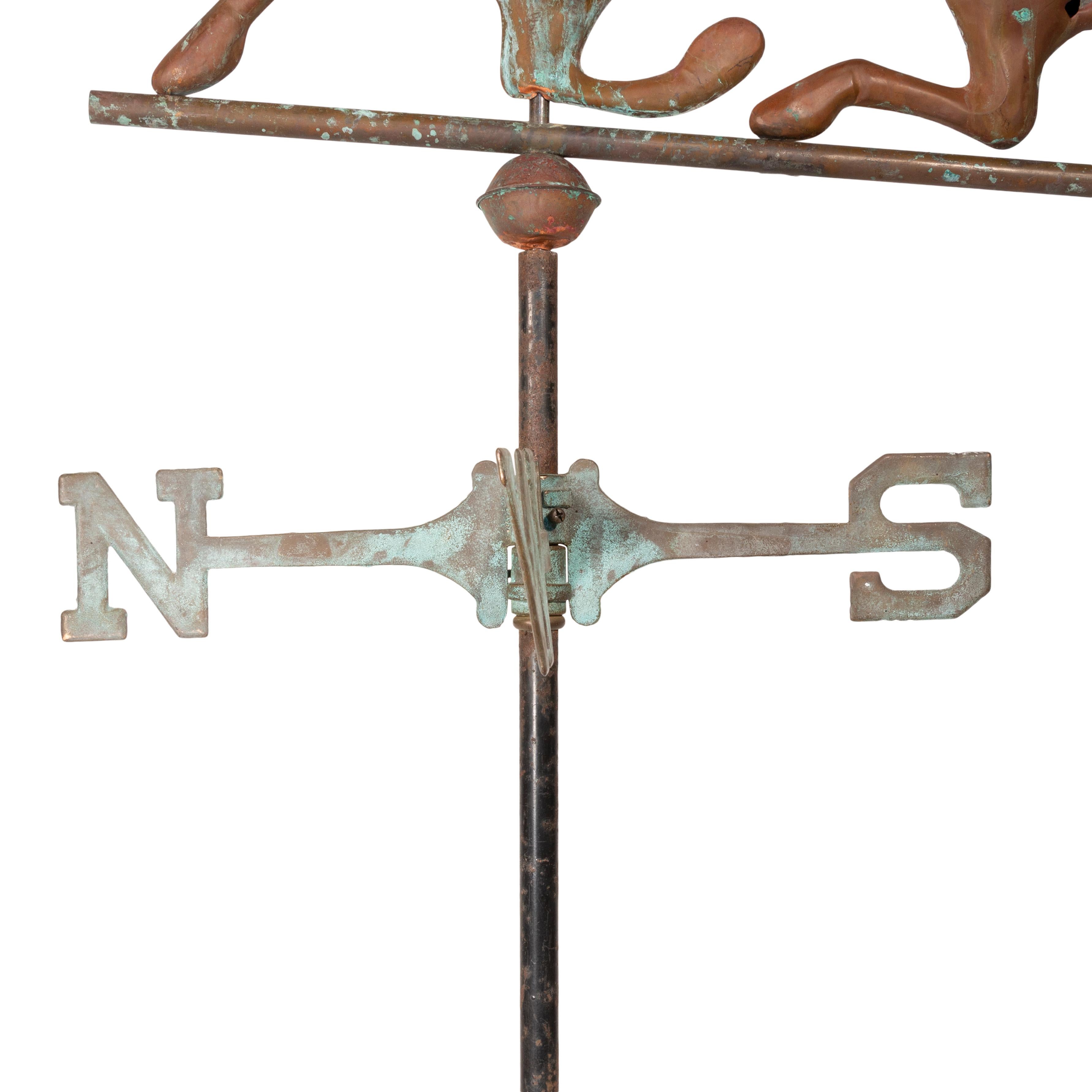 Antique 3D copper horse weather vane on directional rod. Patina and bullet holes to spare.

PERIOD: First quarter 20th Century
SIZE: Horse 28