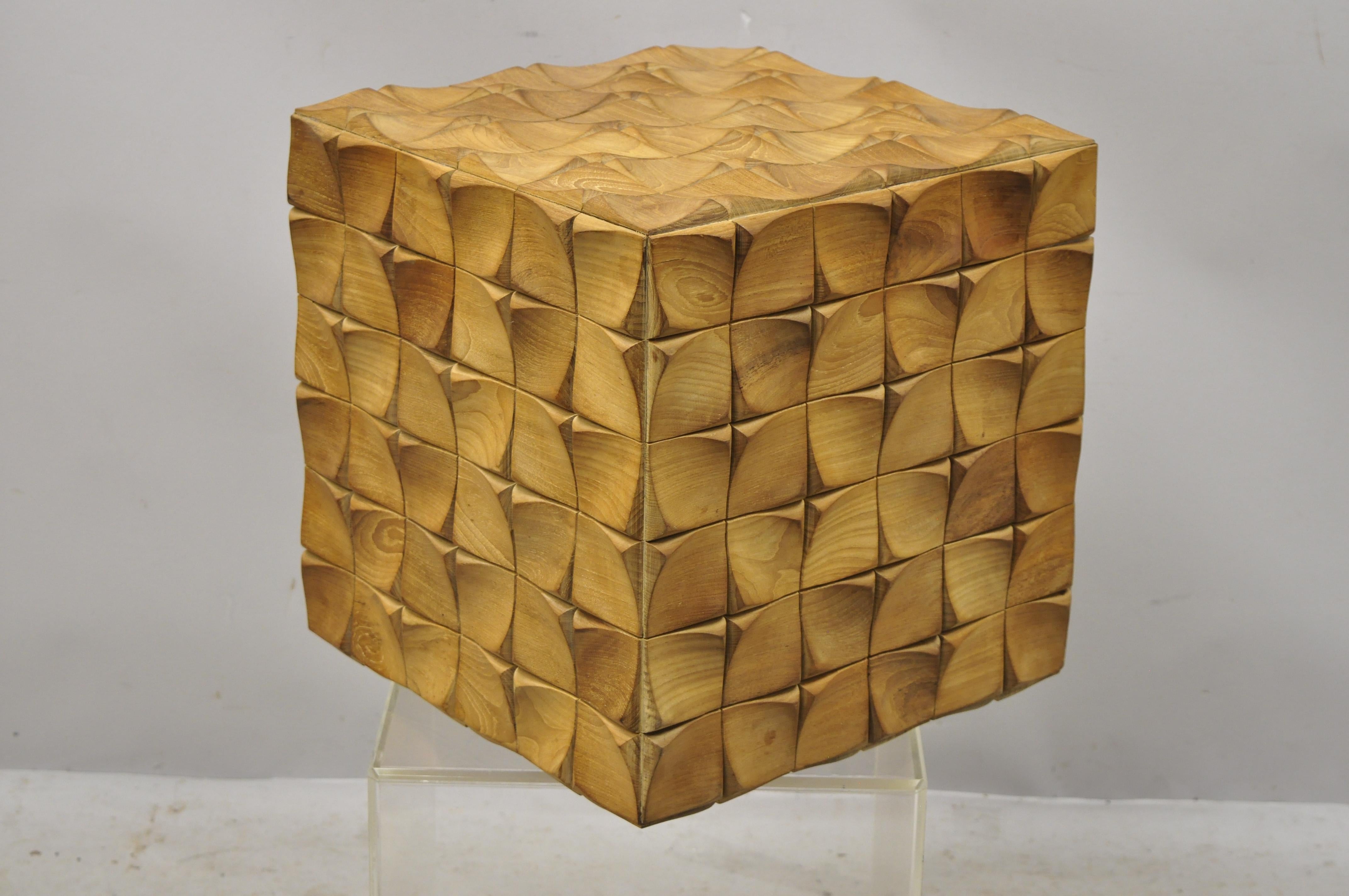 3 Dimensional Geometric Wood Carved Modern Cube Ottoman Stool Square Side Table For Sale 4