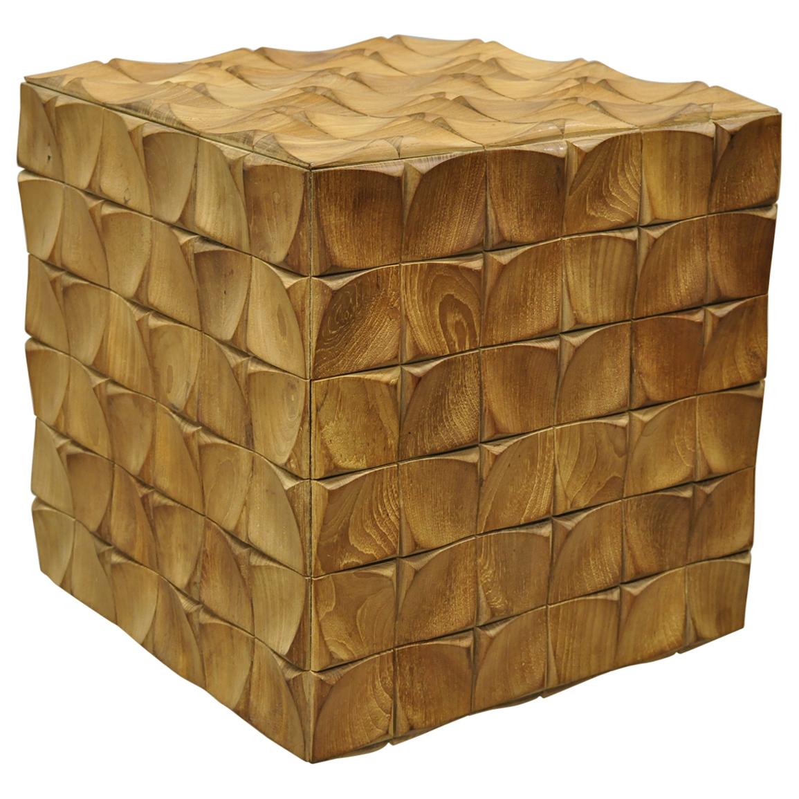 3 Dimensional Geometric Wood Carved Modern Cube Ottoman Stool Square Side Table For Sale