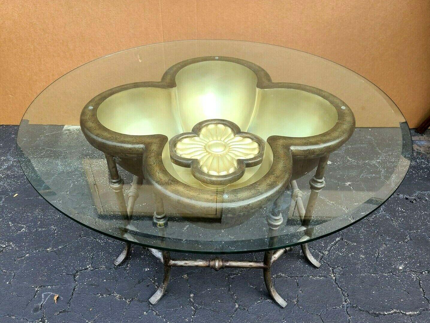 Hollywood Regency 3 Dimensional Lotus Flower Glass Top Indoor Outdoor Cocktail Side End Table For Sale