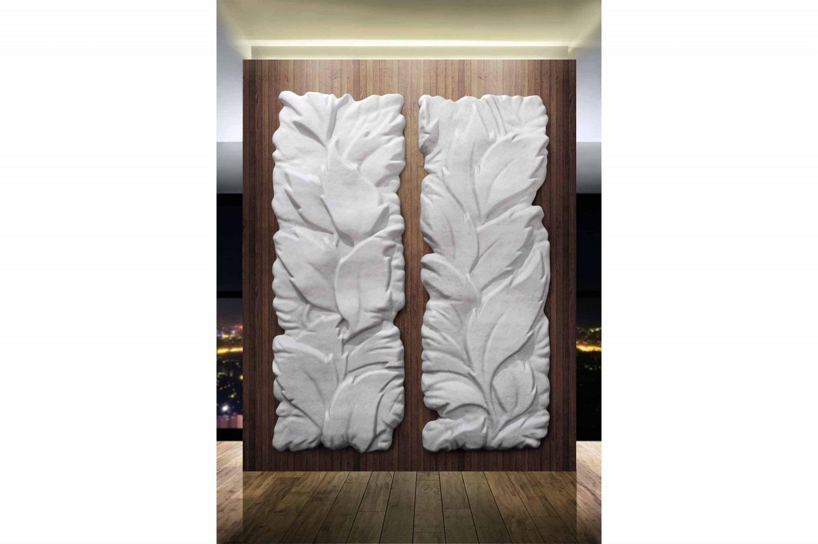 A set of 2 mirrored indoor and outdoor fiberglass 3D wall panel lacquered in white with aged finish to highlight the detailing of the sculpture.

Resin reinforced with fiberglass lacquered in any color for indoor use and in matte white lacquer for