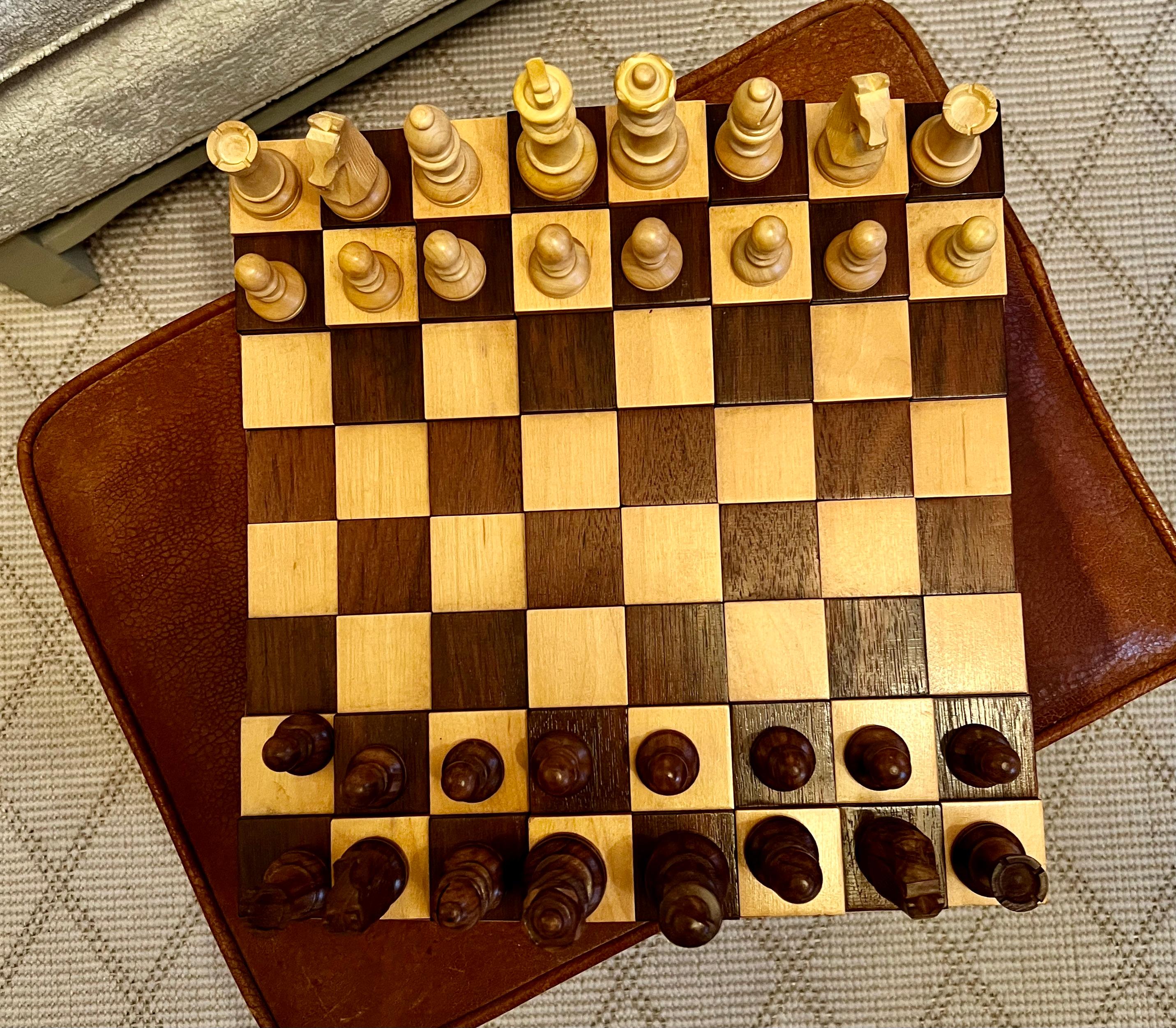 Hand-Crafted 3 Dimensional Wooden Chess or Checker Board with Chess Players For Sale