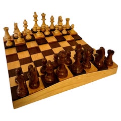 Vintage 3 Dimensional Wooden Chess or Checker Board with Chess Players