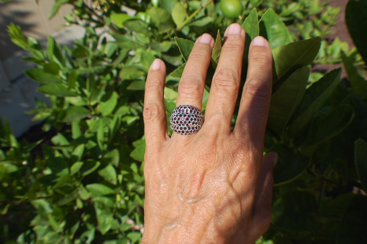 3 Dome Garnet Dome Ring Pave Sterling Silver In Good Condition In Laguna Hills, CA