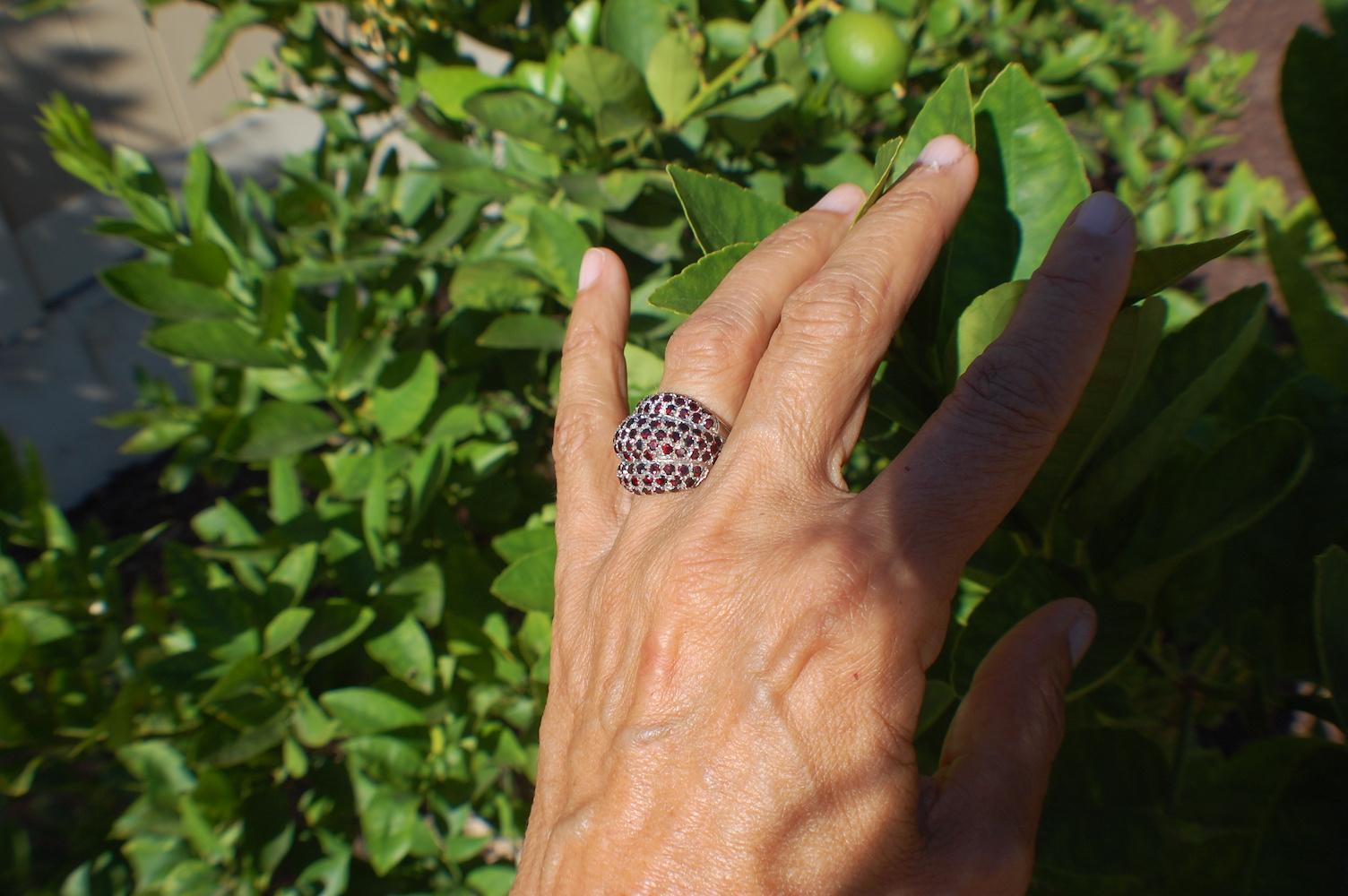 Women's 3 Dome Garnet Dome Ring Pave Sterling Silver