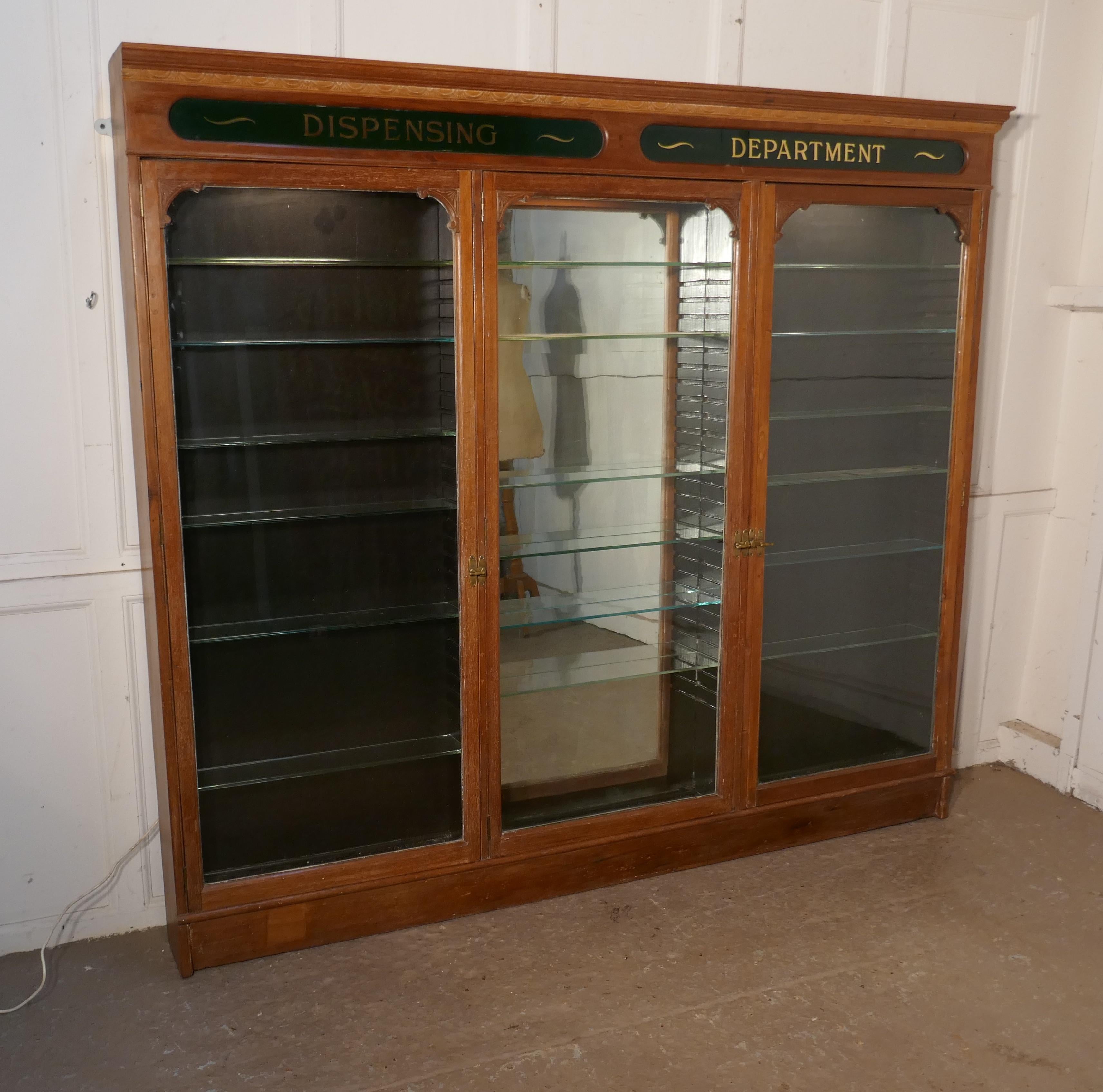 Wood 3 Door Edwardian Glazed Mahogany Chemists Pharmacy Cabinet