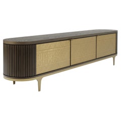 3 Door Mid-Century Inspired Weave Credenza with Modern Triptych Woven Art Doors