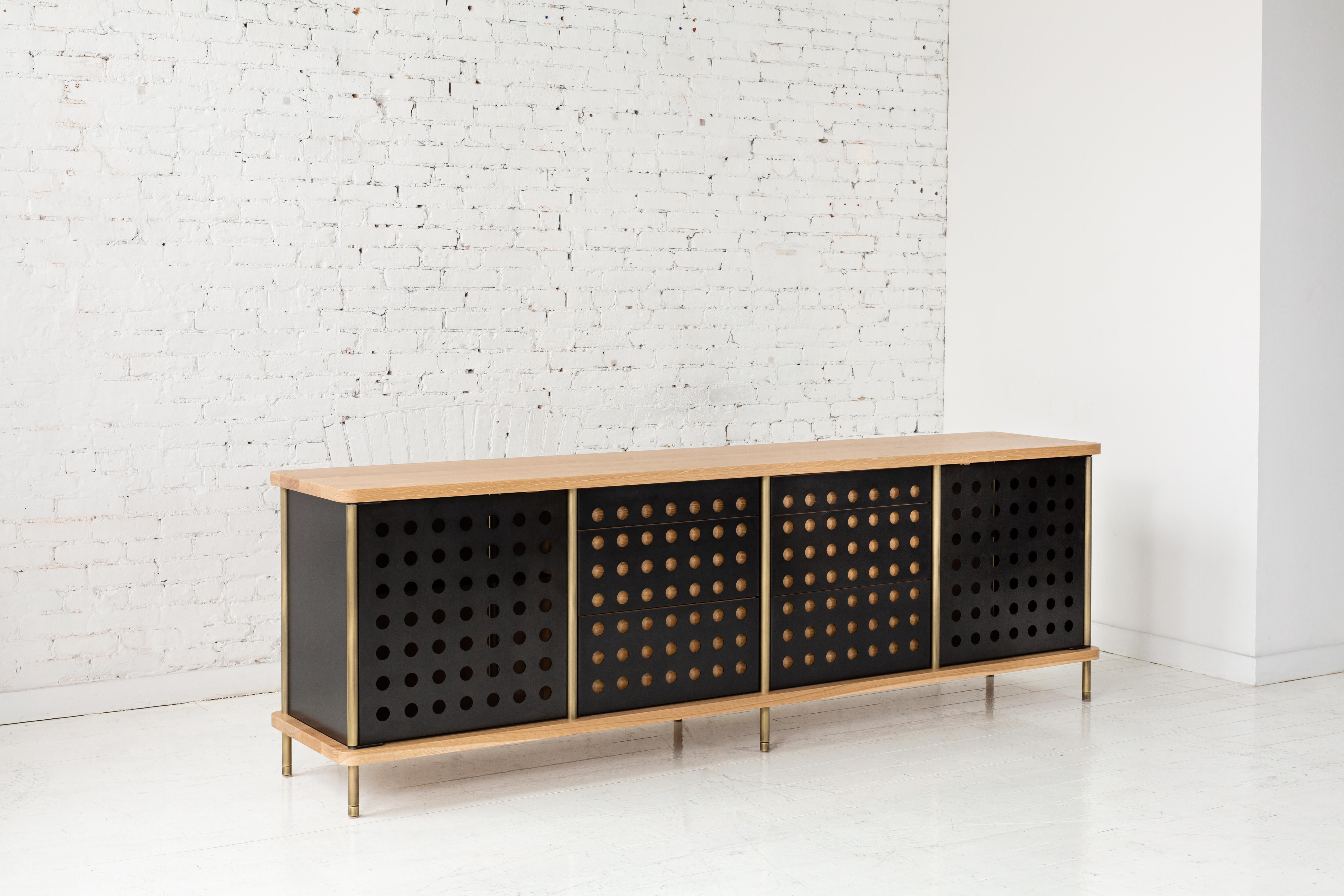 Aluminum 3 Door Strata Credenza with Top Shelves in White Oak, Brass by Fort Standard For Sale
