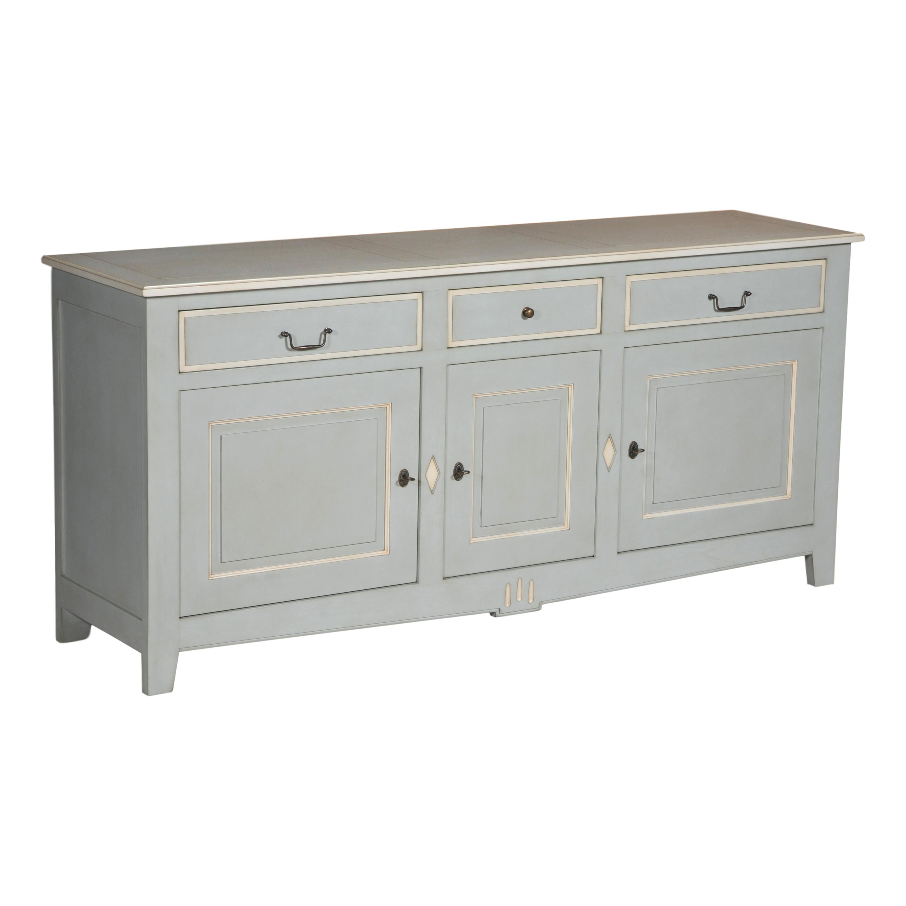 Neoclassical 3 Doors 3 Drawers Blue-Grey Lacquered Sideboard, Solid French Cherry Wood For Sale