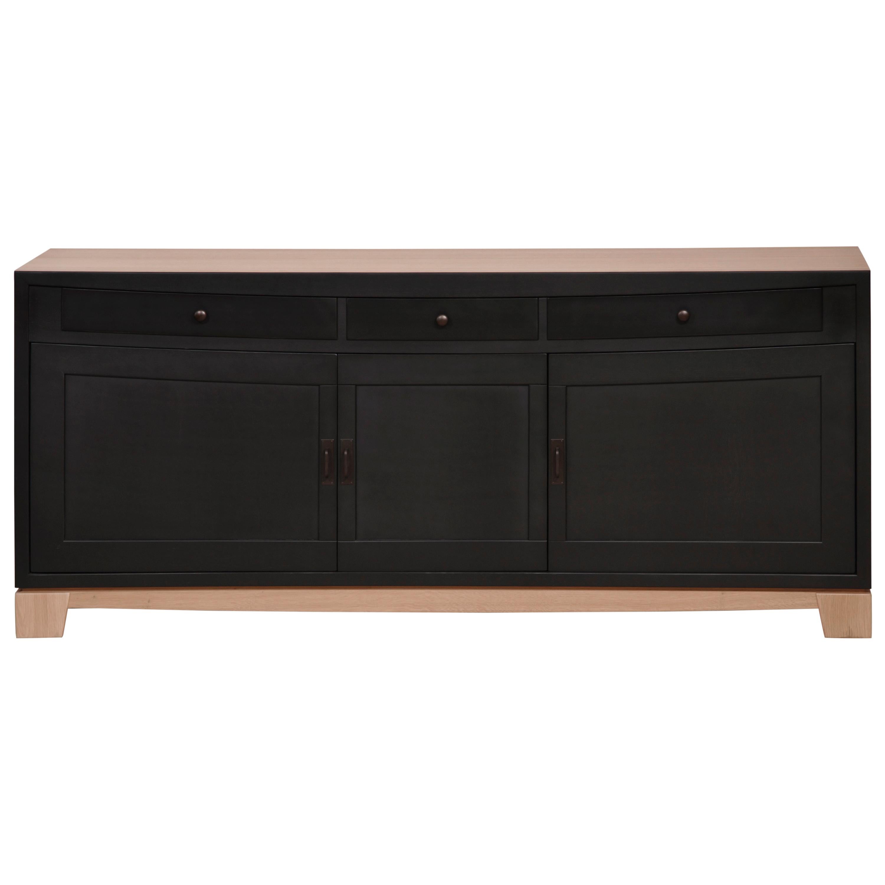 3 Doors Sideboard in Oak, Matt Black Lacquered Front and Inside, Made in France In New Condition For Sale In Landivy, FR